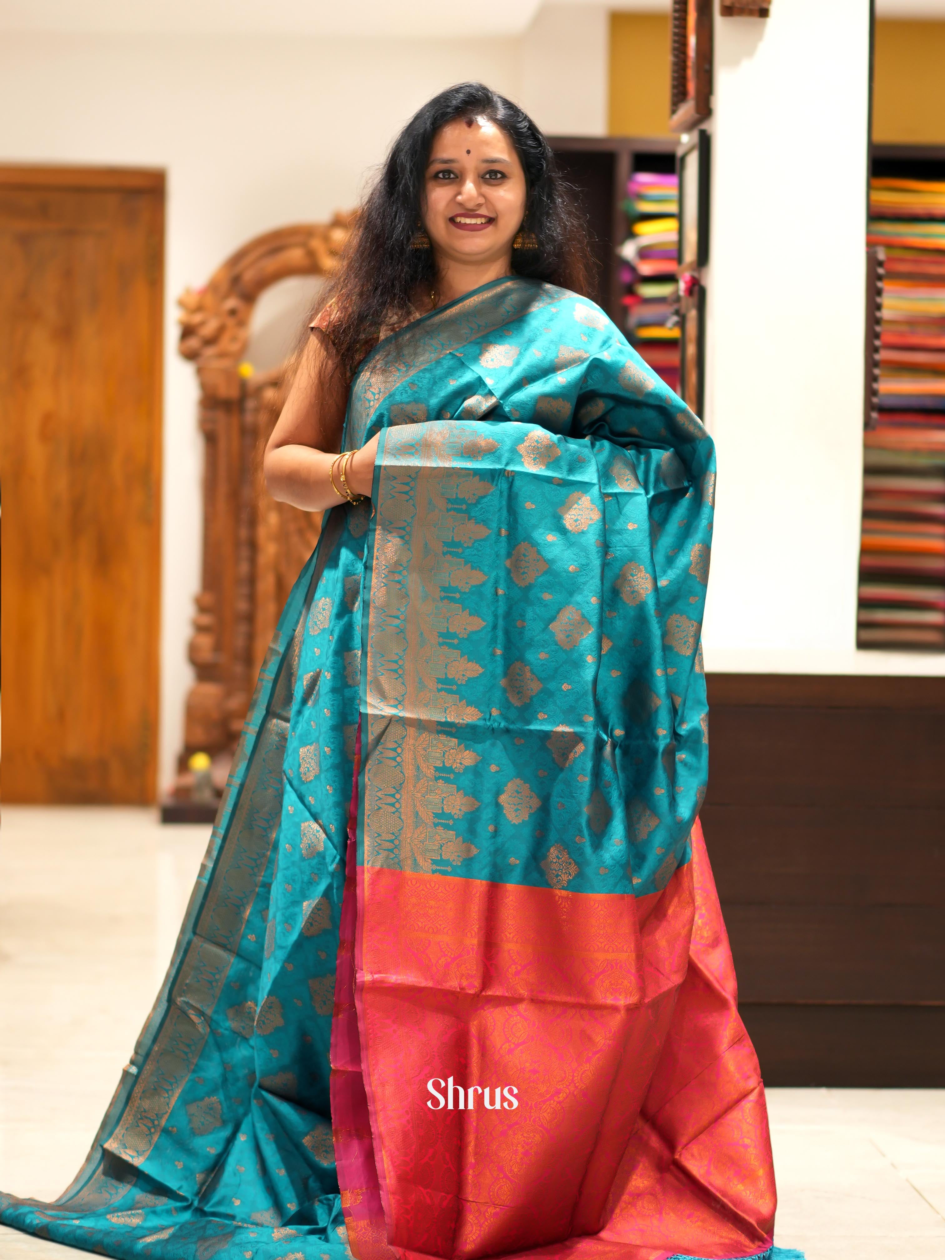 Blue & Pink - Semi Softsilk Saree - Shop on ShrusEternity.com