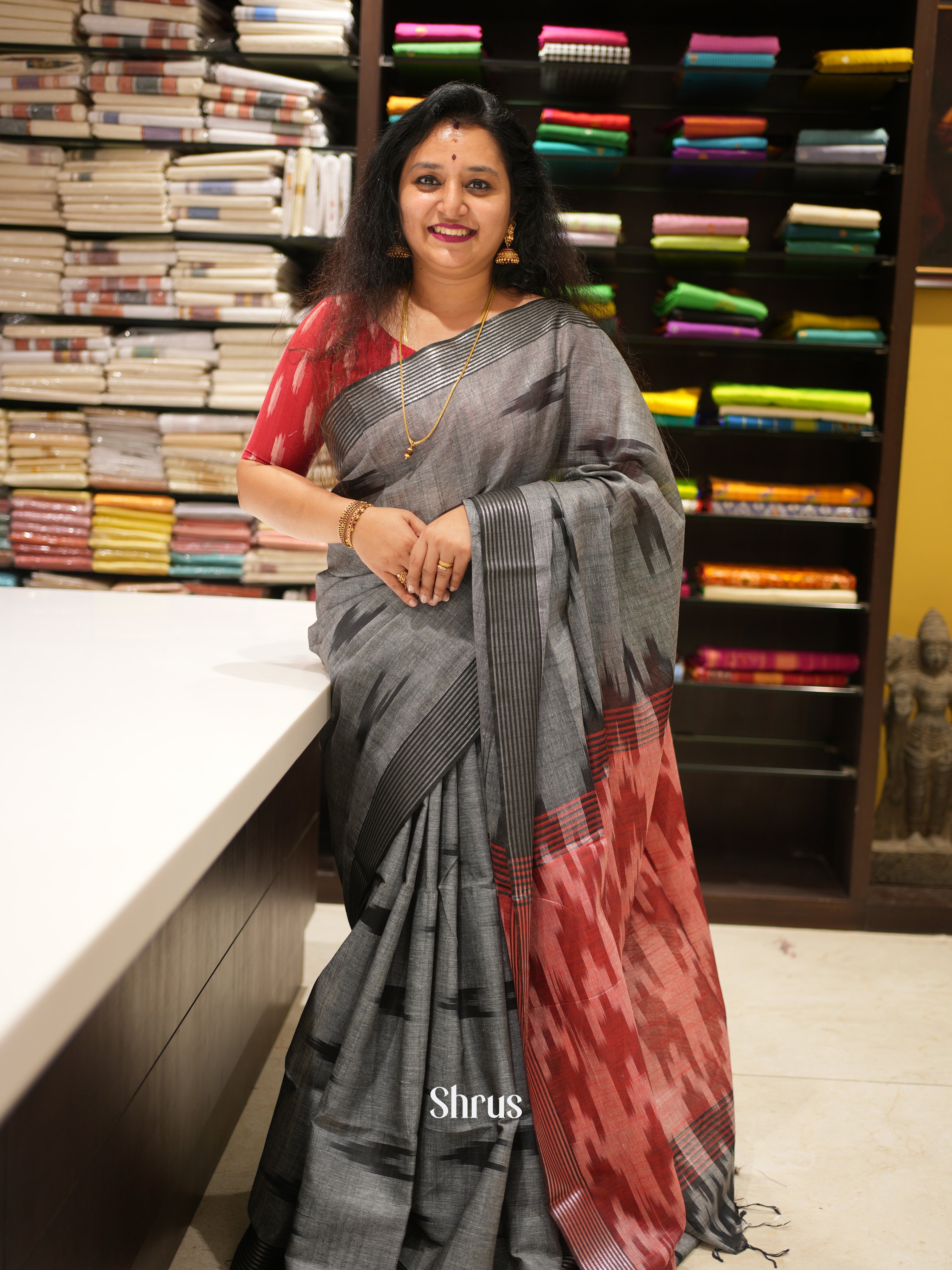 Grey & Red- Semi Ikkat Saree - Shop on ShrusEternity.com