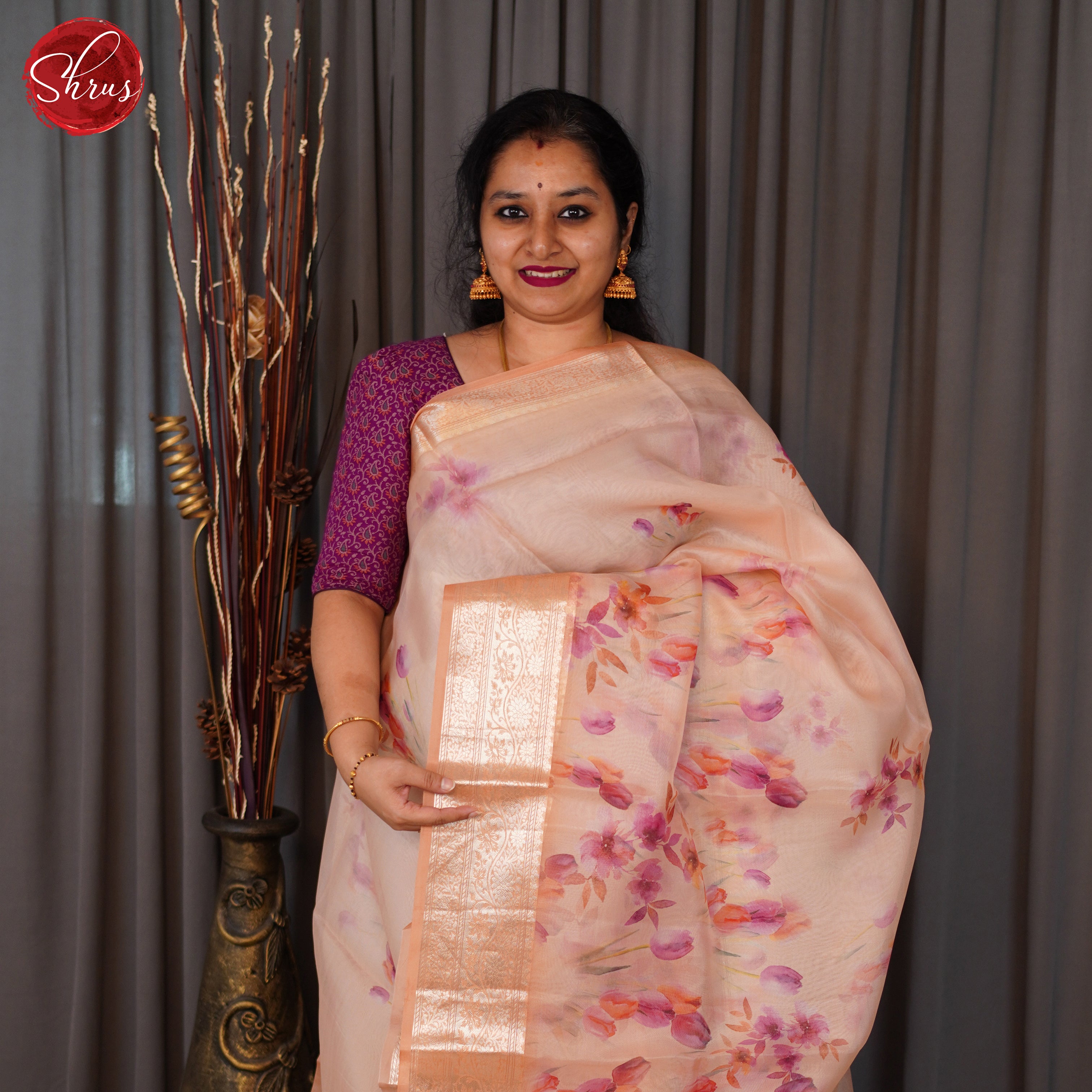 Light Peach(Single Tone)- Organza with floral print on the body and zari border - Shop on ShrusEternity.com