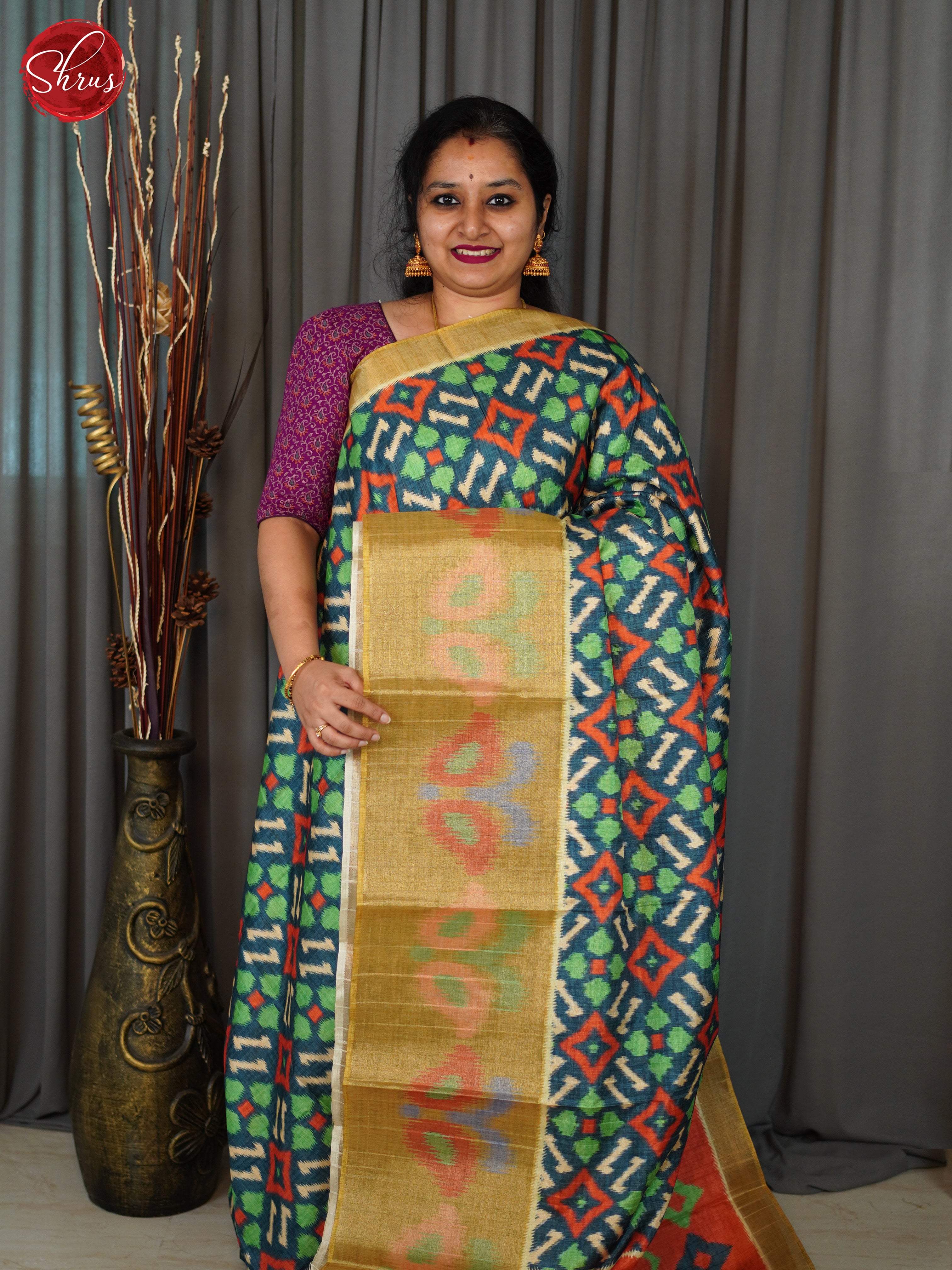 Blue & Orange- Semi Pochampally Saree - Shop on ShrusEternity.com