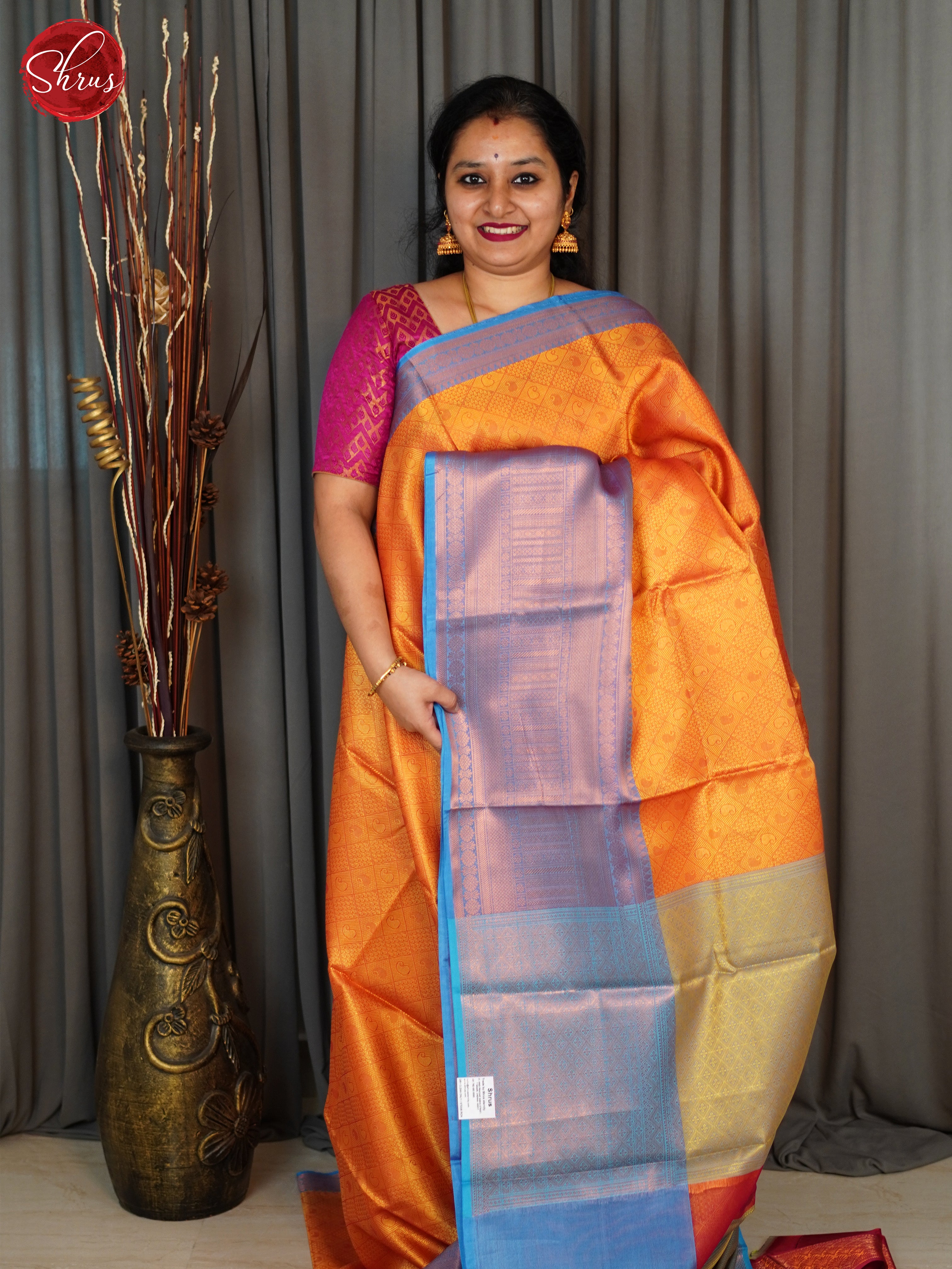 Orange & Blue - Semi Tanchoi Saree - Shop on ShrusEternity.com