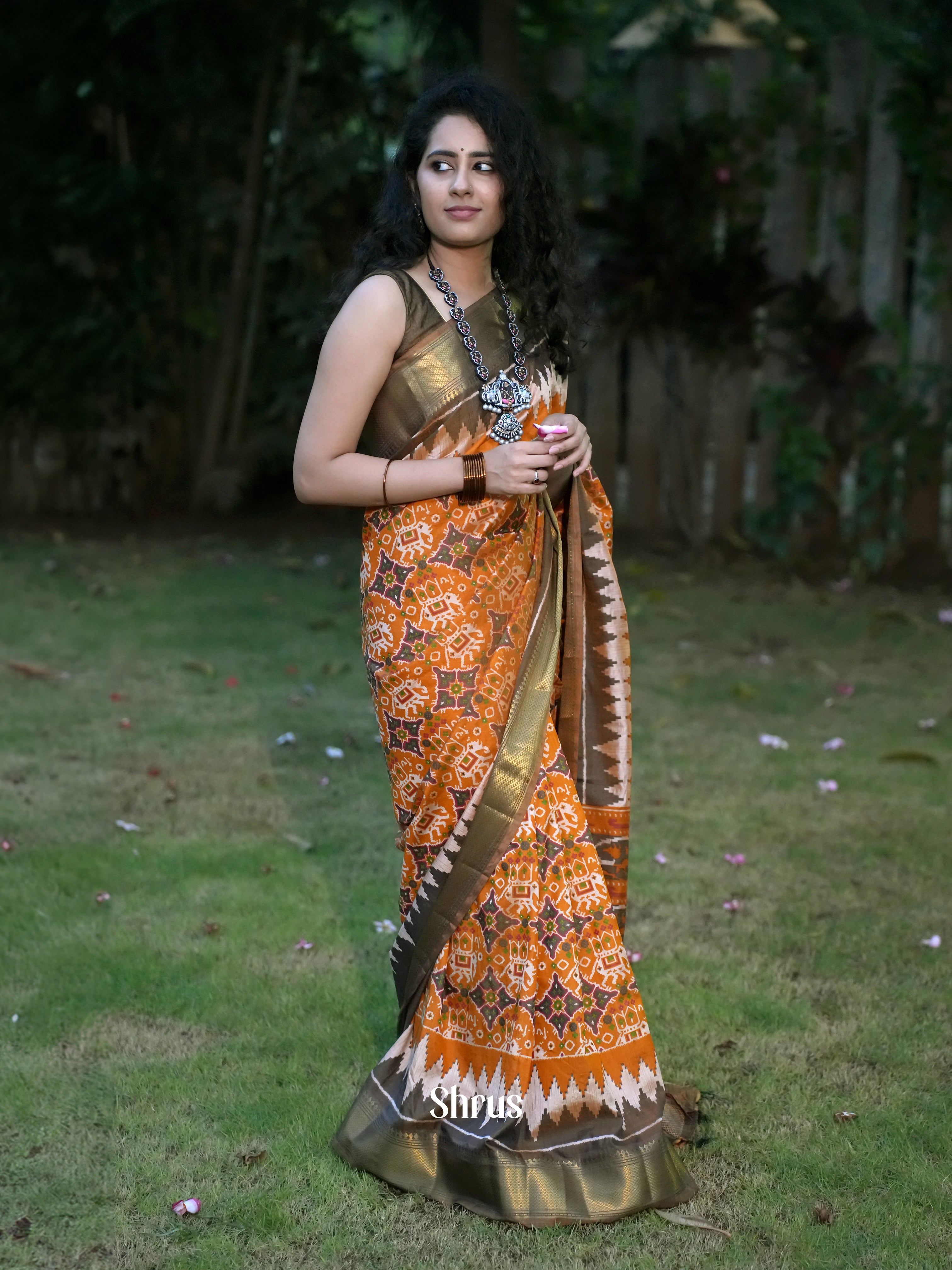 Dual toned Orange & Brown - Semi Patola saree - Shop on ShrusEternity.com