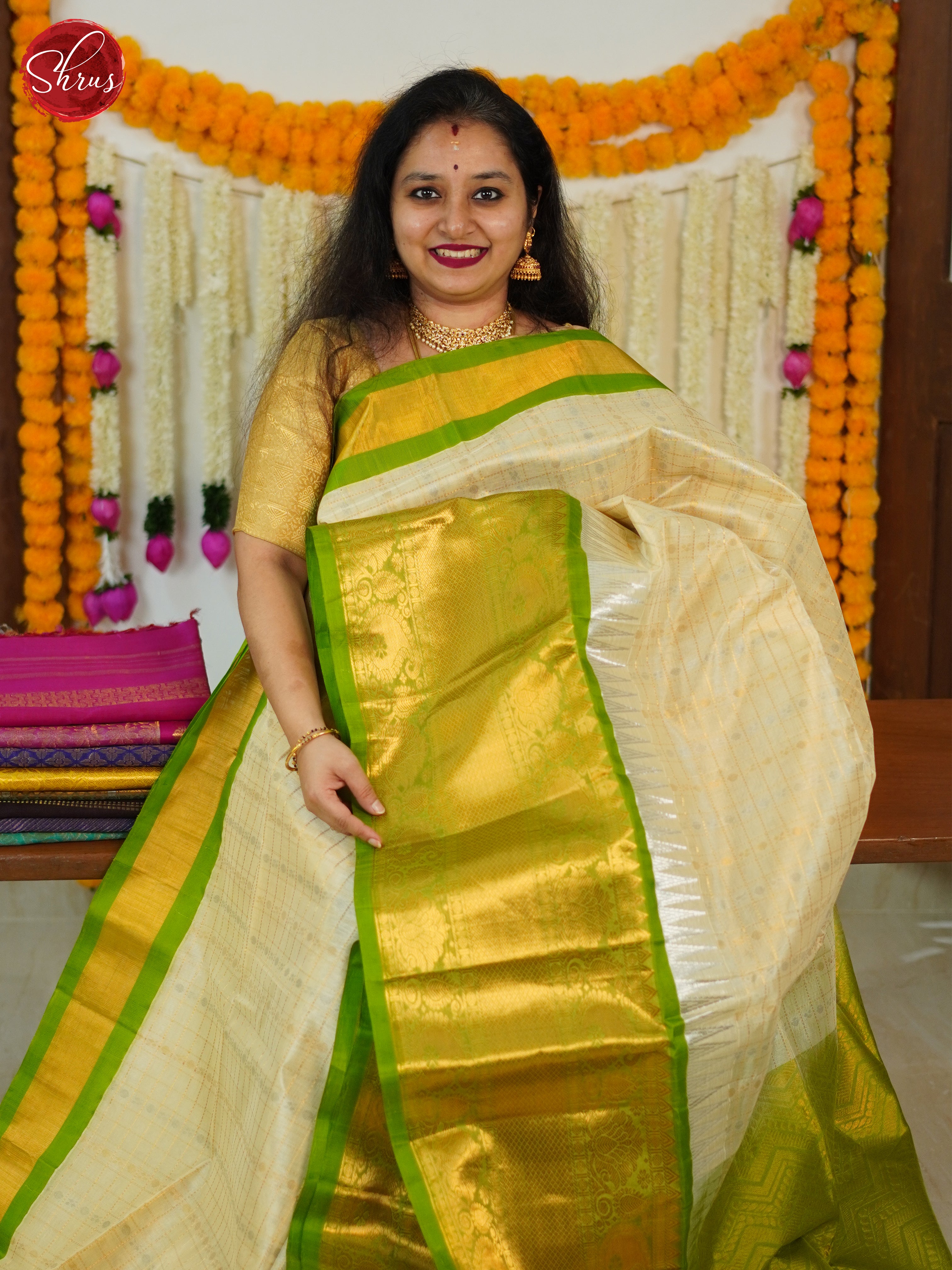 Cream & Green - Silk Cotton Saree - Shop on ShrusEternity.com