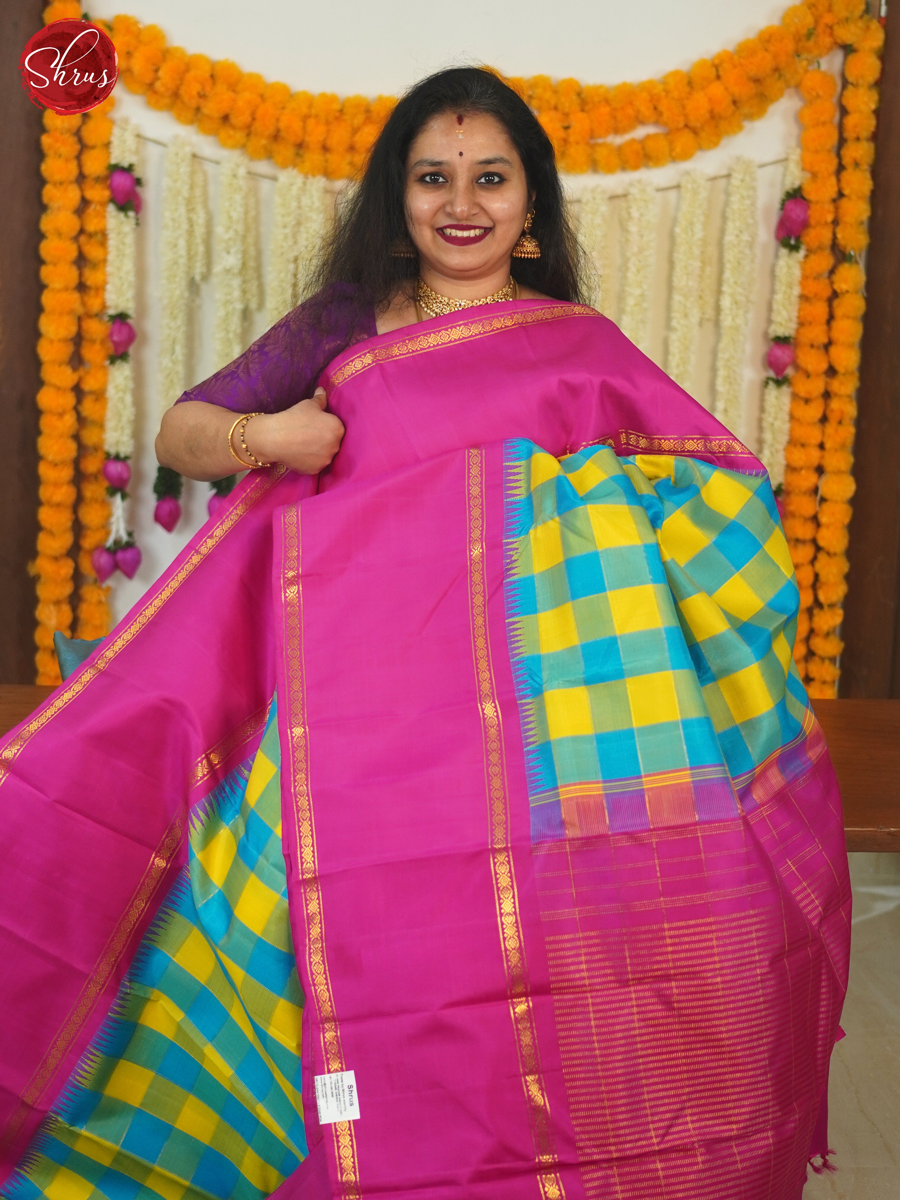Yellow, Blue and Pink Korvai Kanchipuram silk Saree Featuring a Charming Checkered Design-2