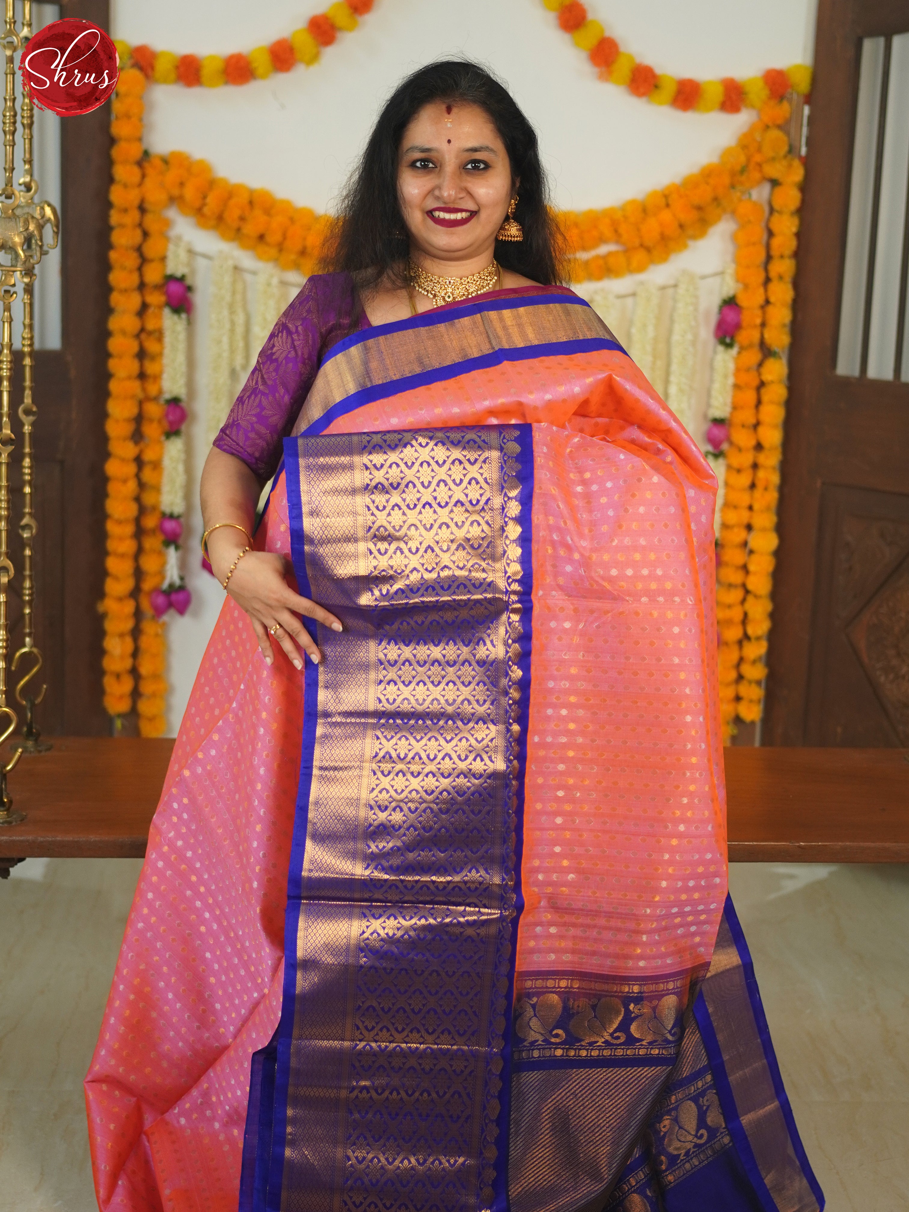 Pink & Blue - Silk Cotton Saree - Shop on ShrusEternity.com