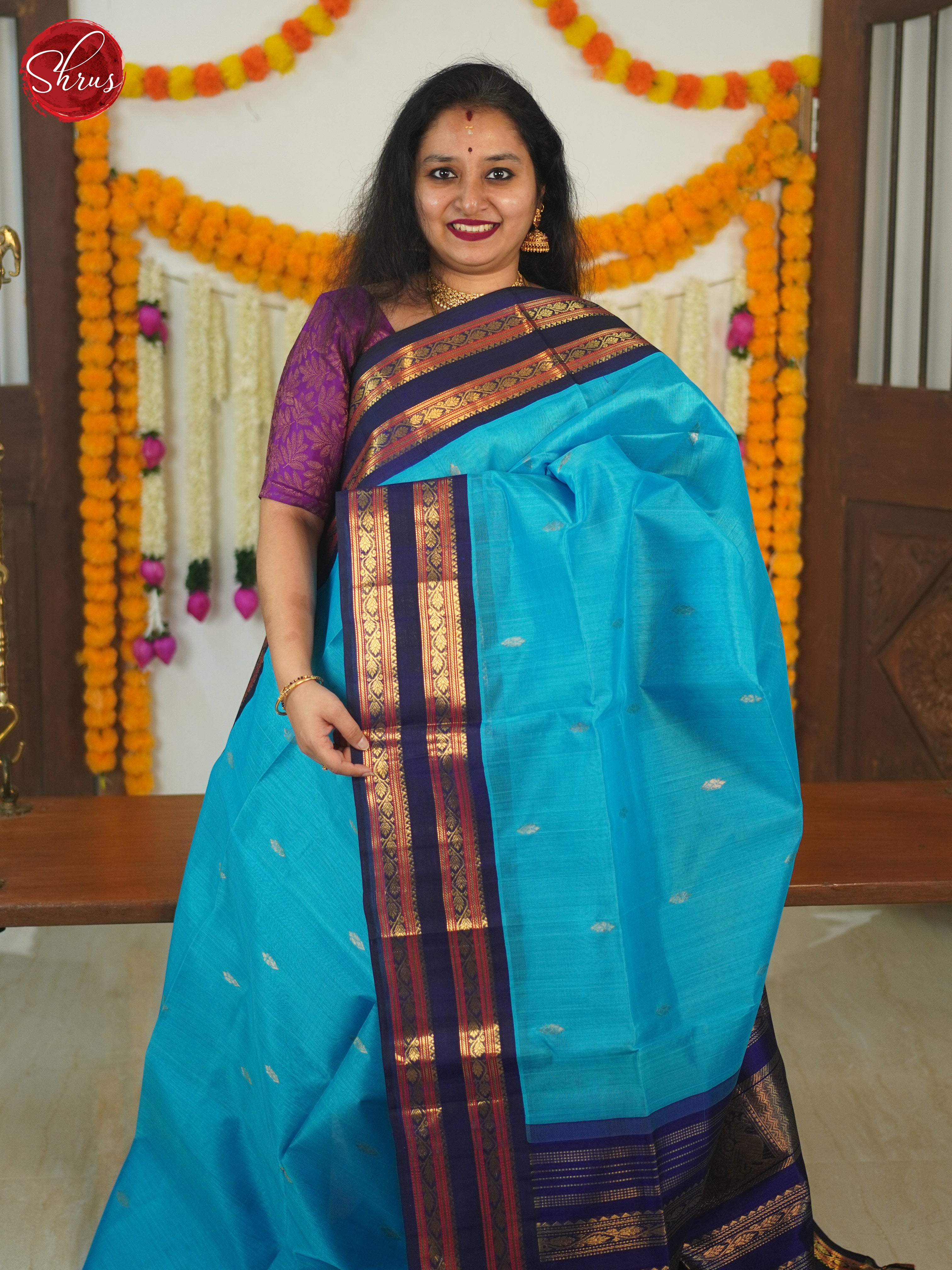 Teal & Blue - Silk Cotton Saree - Shop on ShrusEternity.com