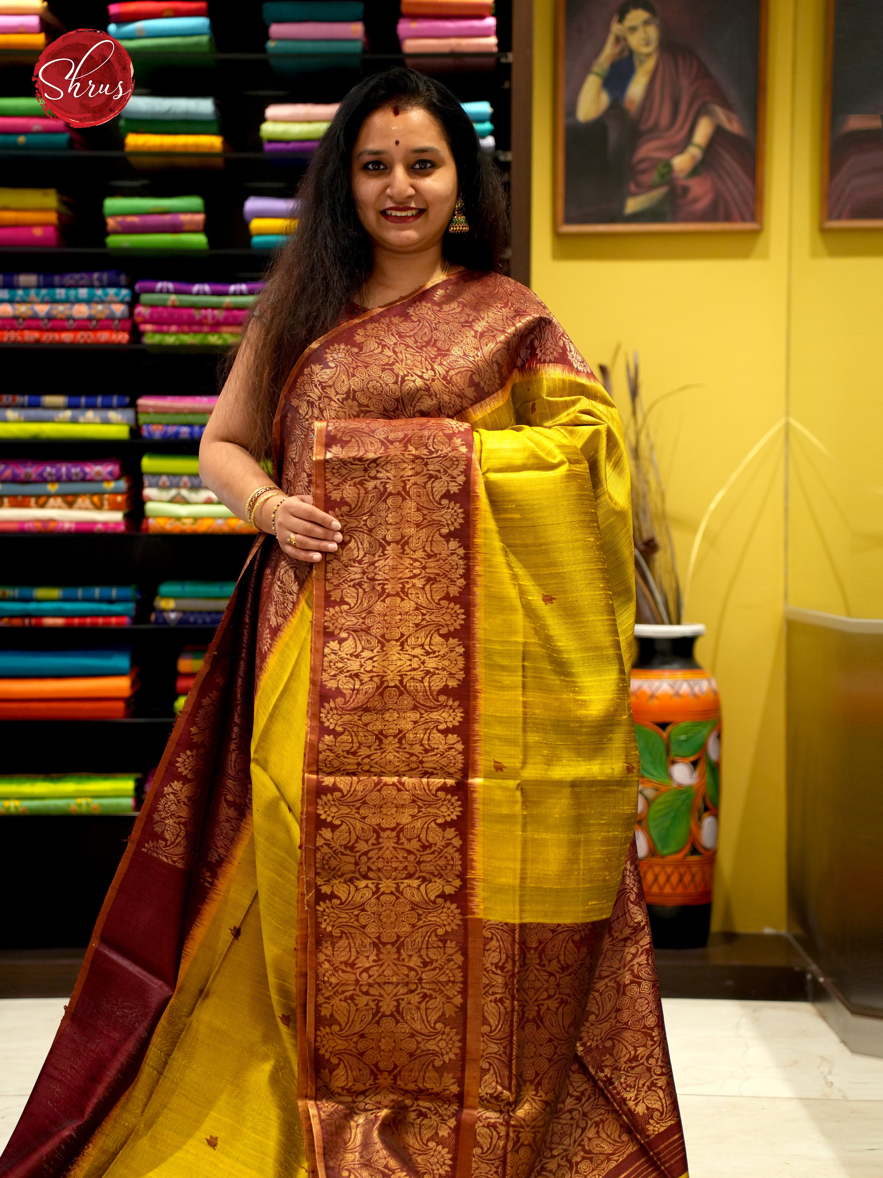 Gold Mustard & Brown - Raw Silk Saree - Shop on ShrusEternity.com