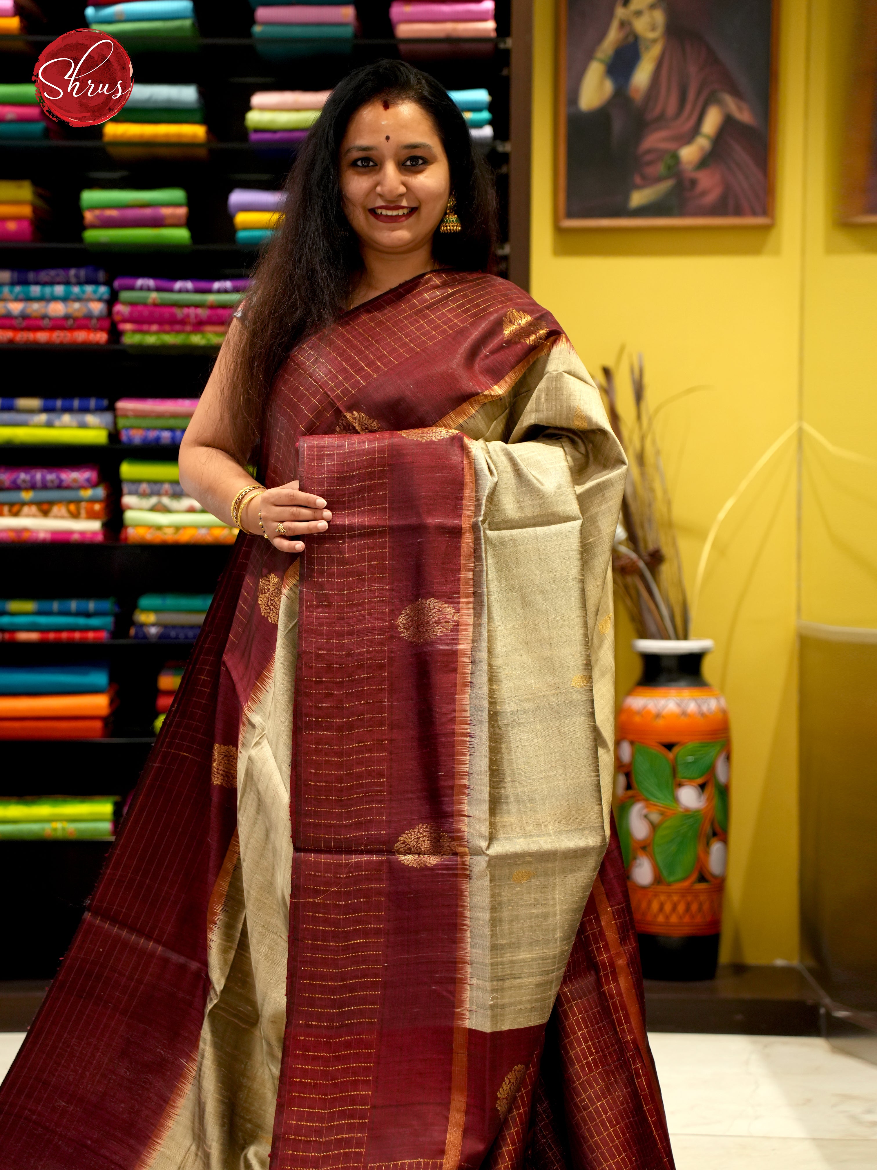 Grey & Brown - Raw Silk Saree - Shop on ShrusEternity.com
