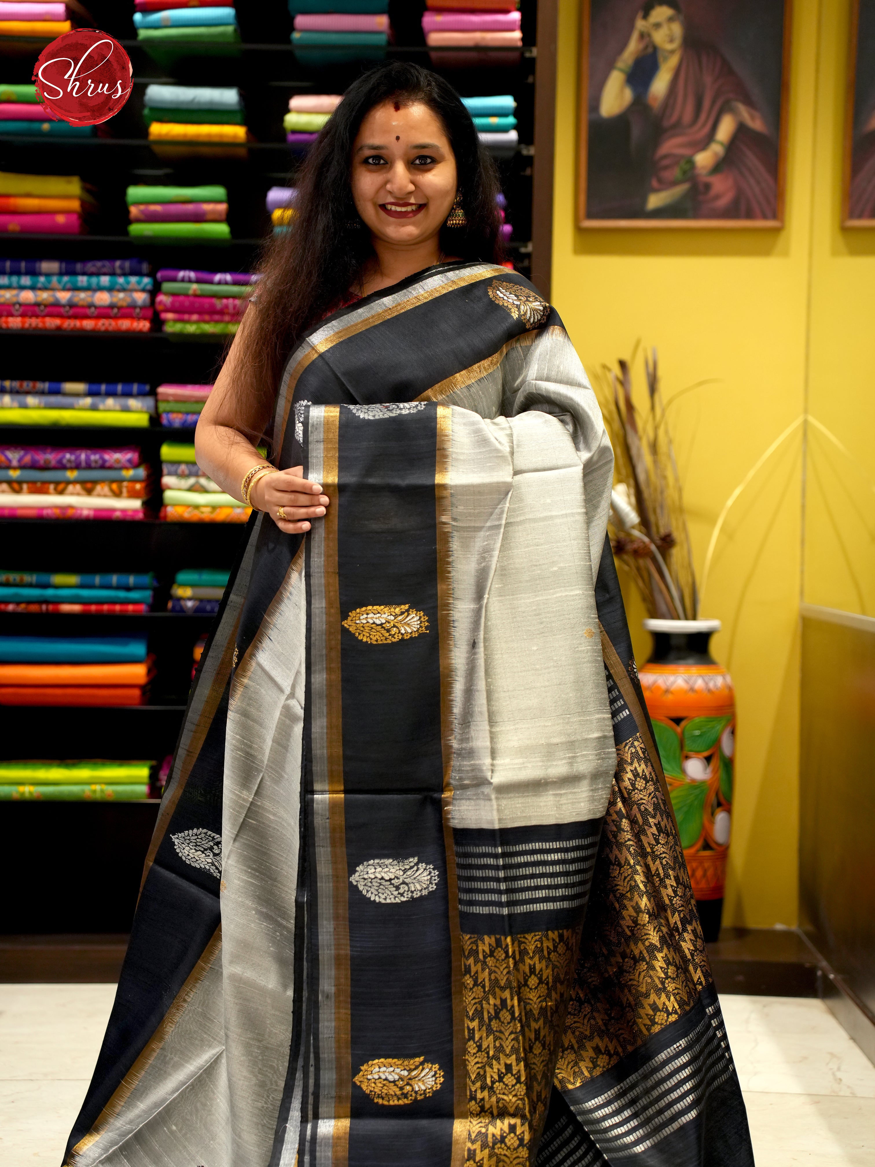 Grey & Black - Raw Silk Saree - Shop on ShrusEternity.com
