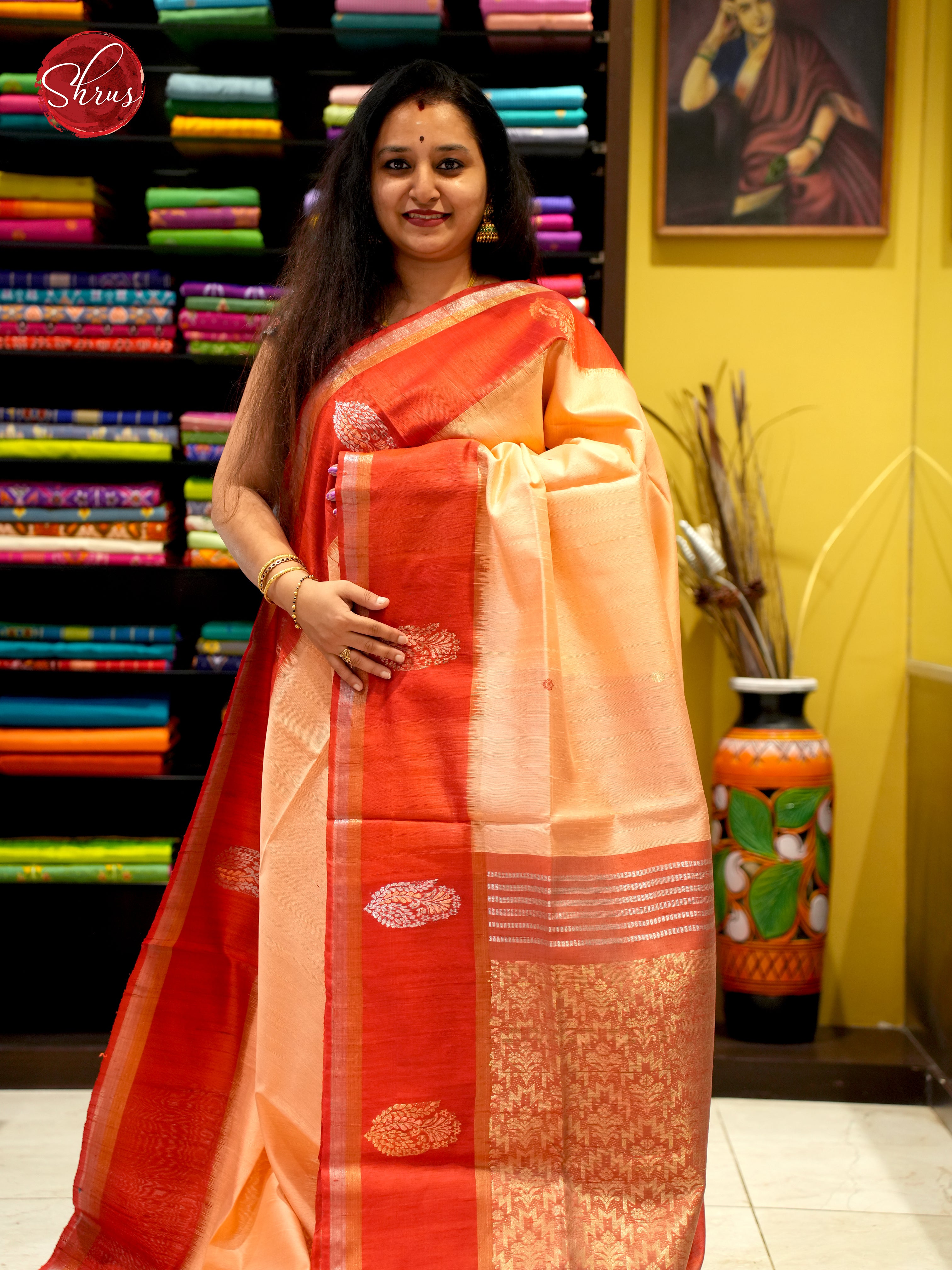 Peach & Red - Raw Silk Saree - Shop on ShrusEternity.com