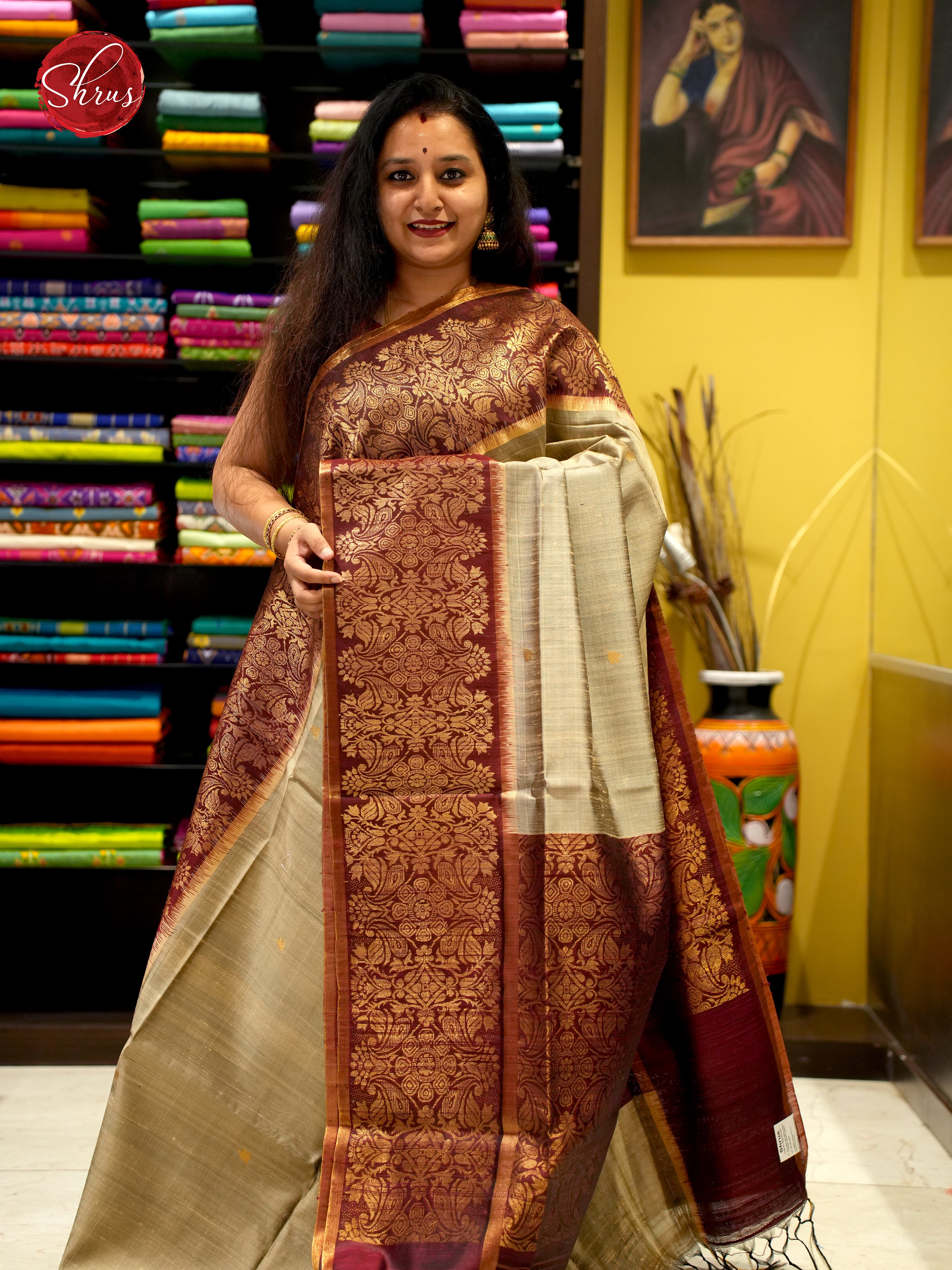 Beige & Maroon - Raw Silk Saree - Shop on ShrusEternity.com