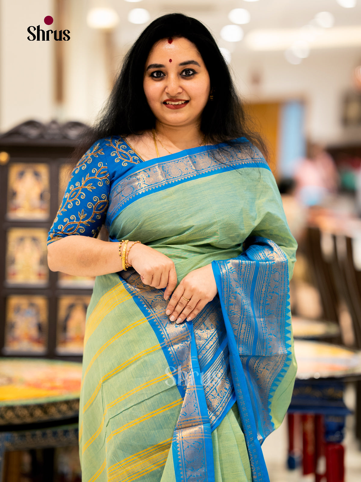 Pista Green & Blue - Chettinad Cotton - Saree- EBS06114 - Shop on Shrus.com