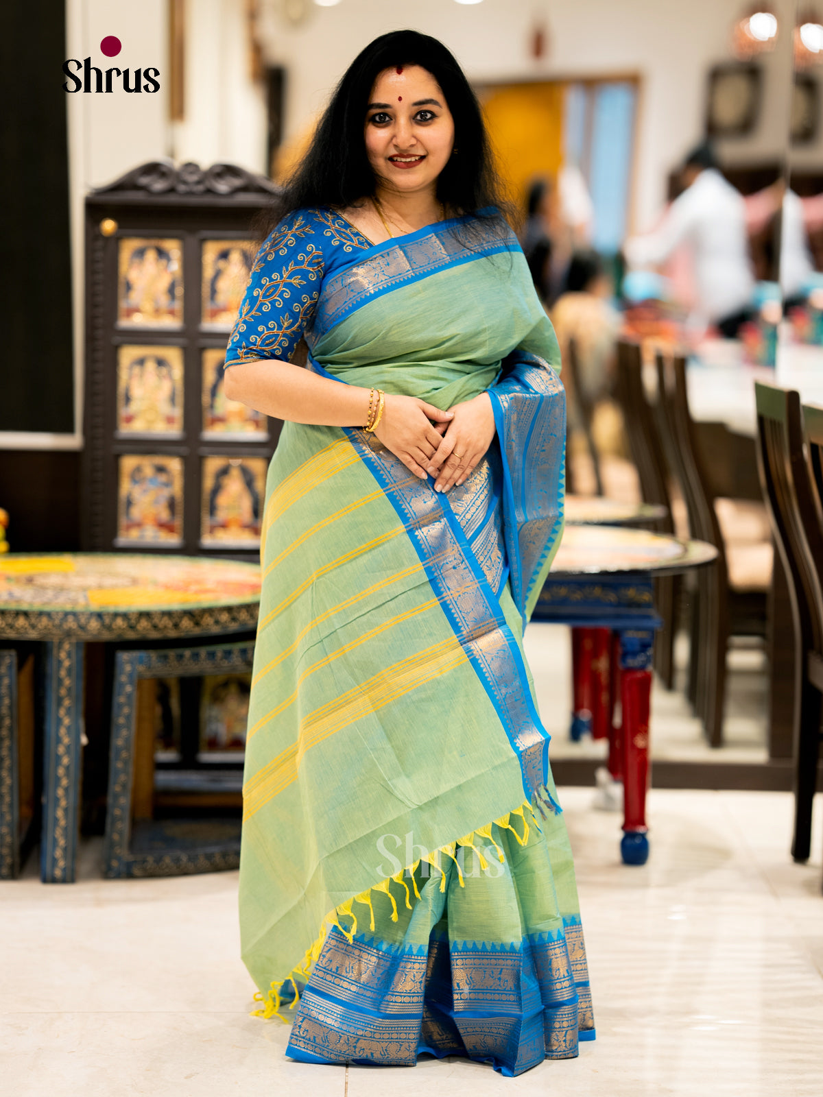 Pista Green & Blue - Chettinad Cotton - Saree- EBS06114 - Shop on Shrus.com