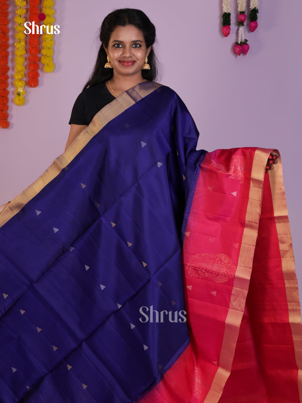 Buy Serene Dark Blue Soft Silk Sarees with Small Buttas, Pink Border & Brocade pallu