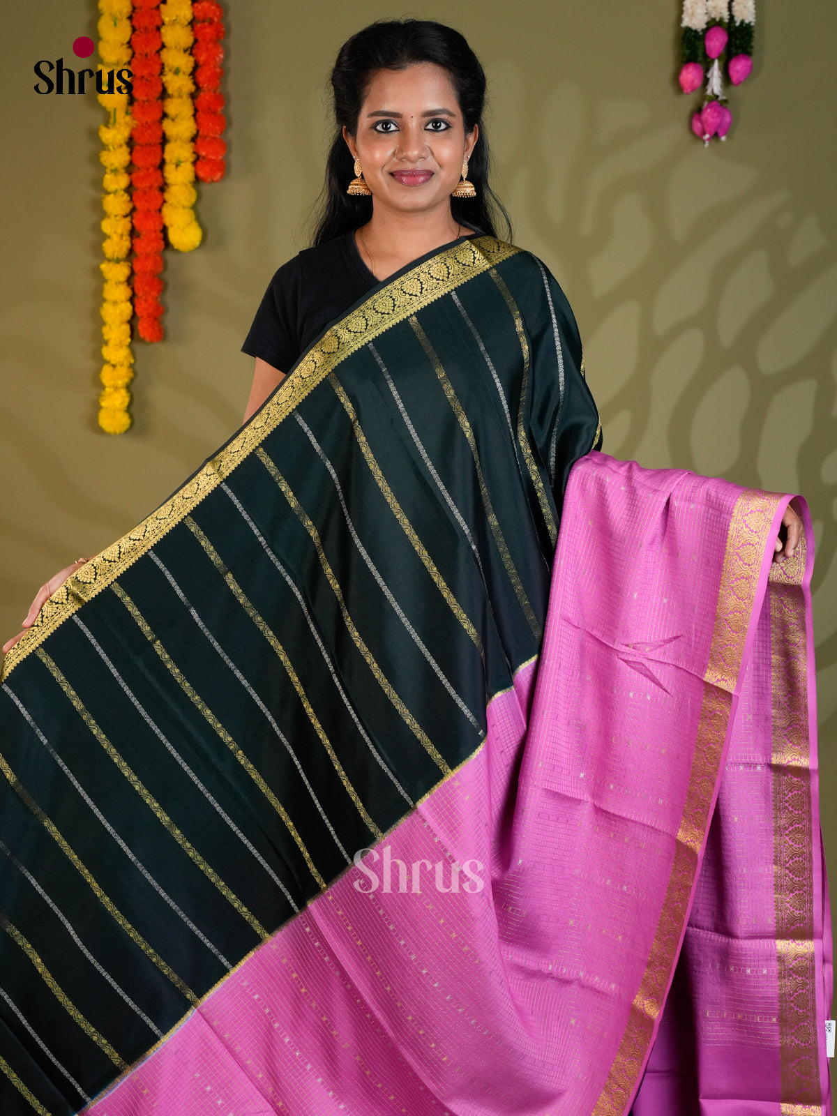 Buy Serene Dark Green Half & Half Pure Mysore Silk Saree with Gold Stripes, Pink Checks & Zari Pallu