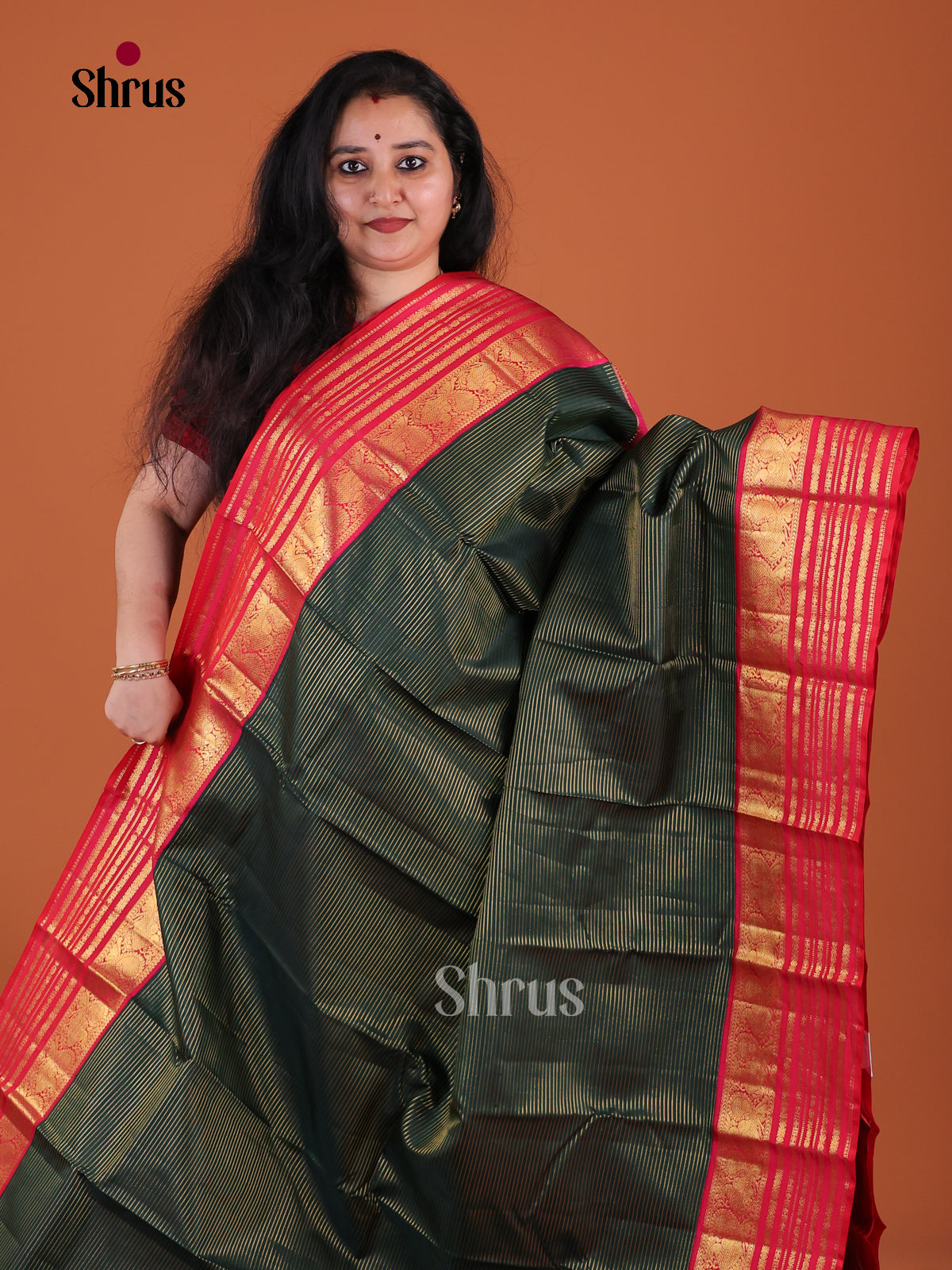 Dark Green Kanchipuram Pattu Saree With Fine Zari Stripes | Red Zari Striped Border & Brocade Pallu