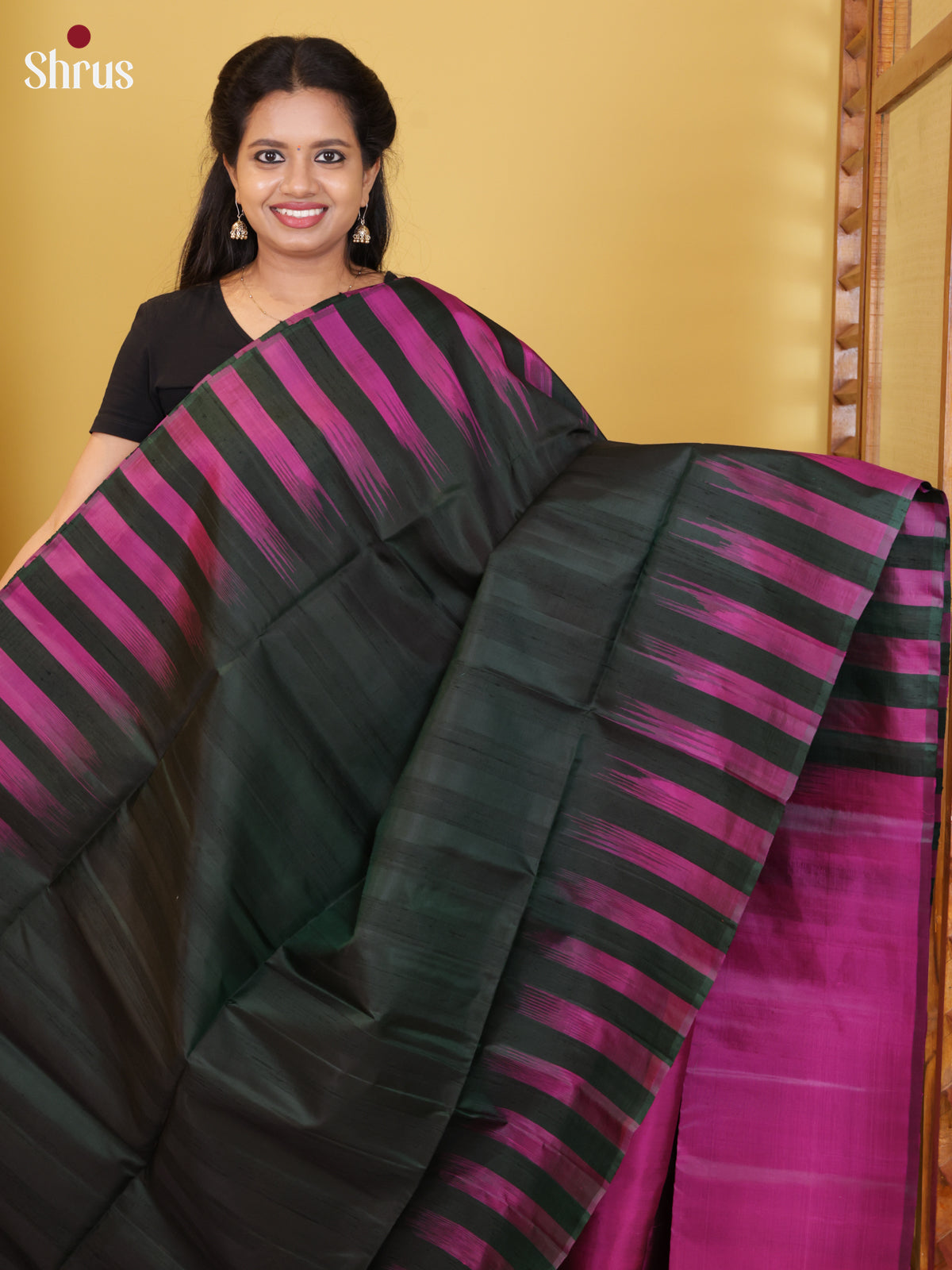 Buy Elegant Dark Green & Magenta Pure Soft Silk Saree with Block Stripes & Red Pallu