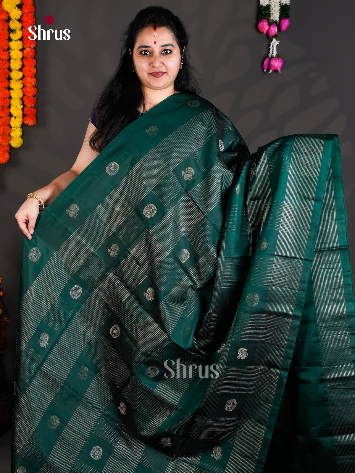 Buy Serene Dark Green Pure Soft Silk Saree with Zari Stripes, Buttas & Pallu With Peacock Motifs