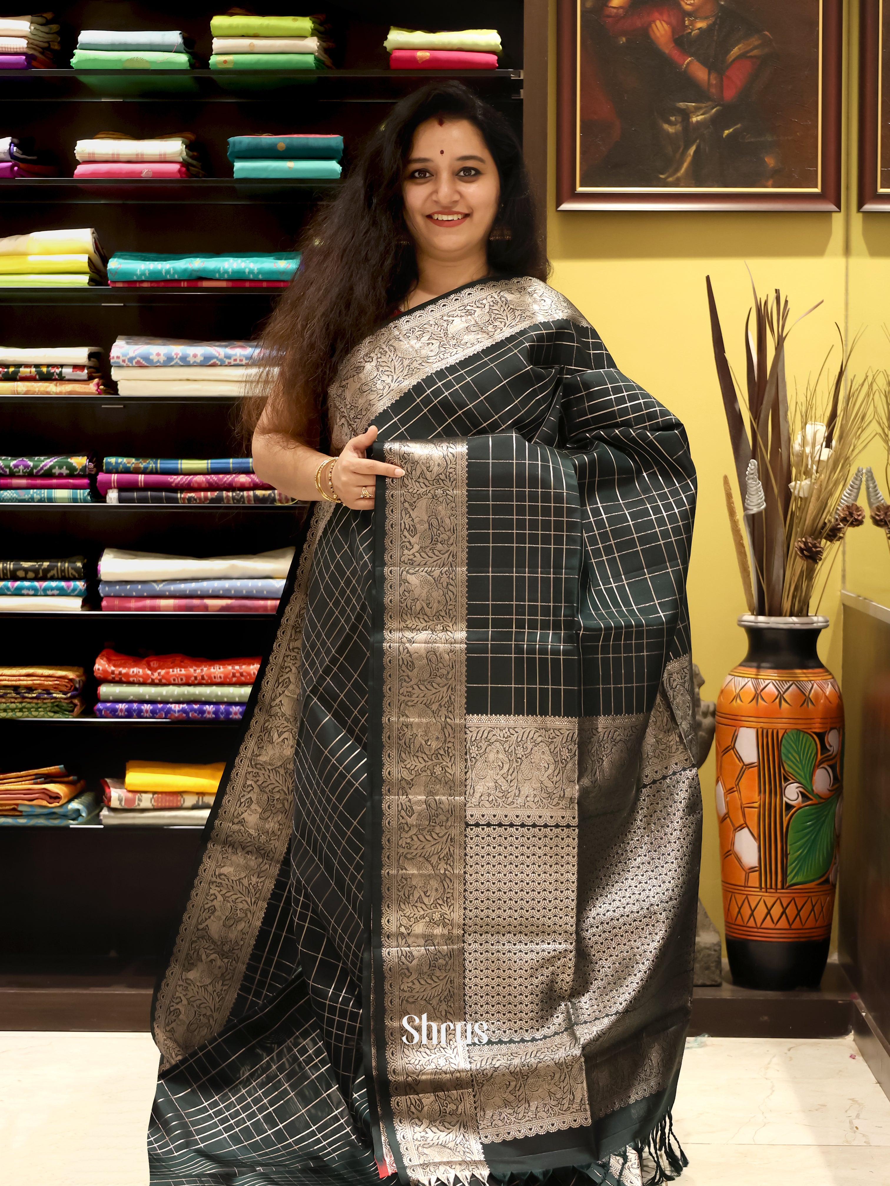 Enchanting Dark Green Soft Silk Saree With Zari Woven Checks & Brocade Pallu
