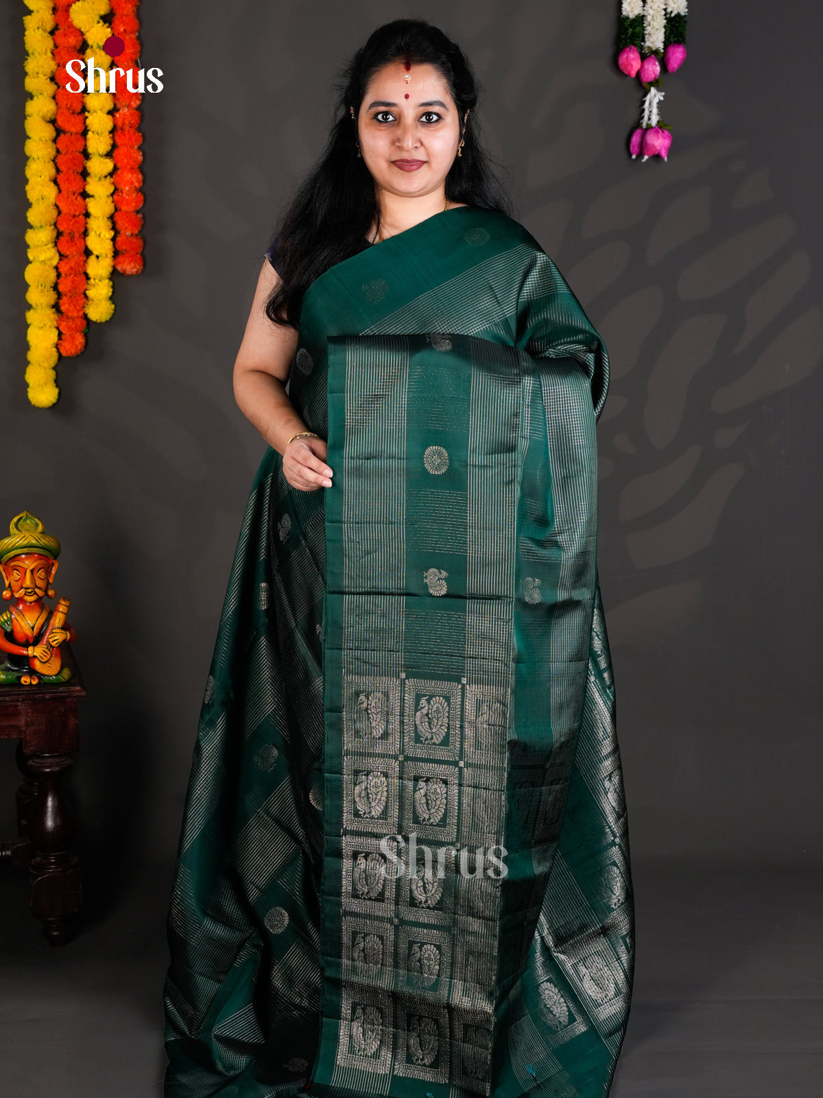 Buy Serene Dark Green Soft Silk Saree with Zari Stripes, Buttas & Pallu With Peacock Motifs