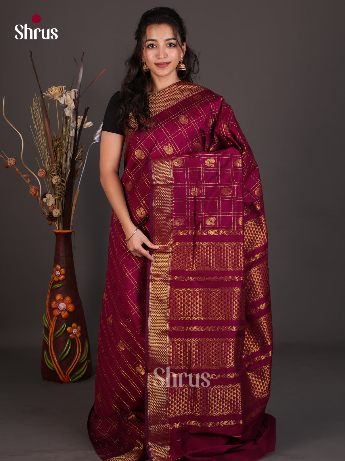 Traditional Dark Maroon Kalyani Cotton Saree With Zari Checks, Buttas & Rich Pallu