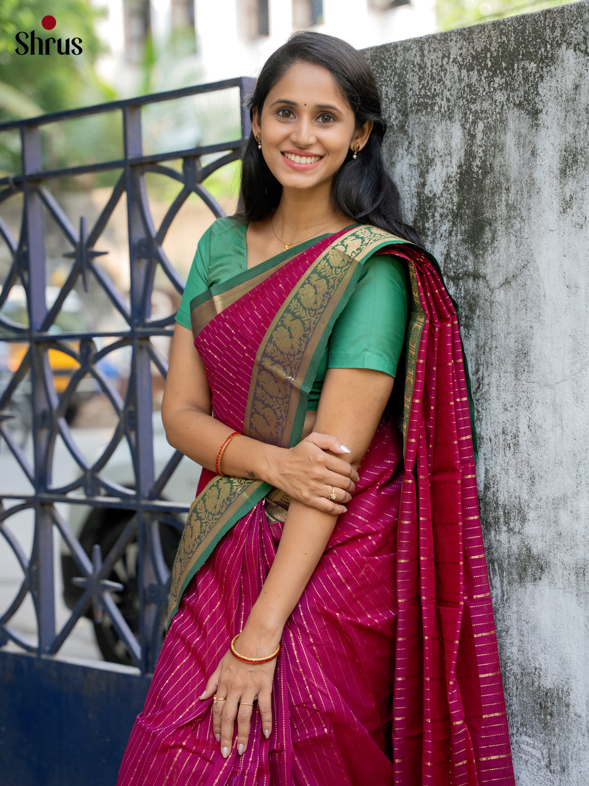 Chic Dark Pink Chettinad Cotton Sarees With Thread Stripes & Green Zari Border With Peacock Buttas