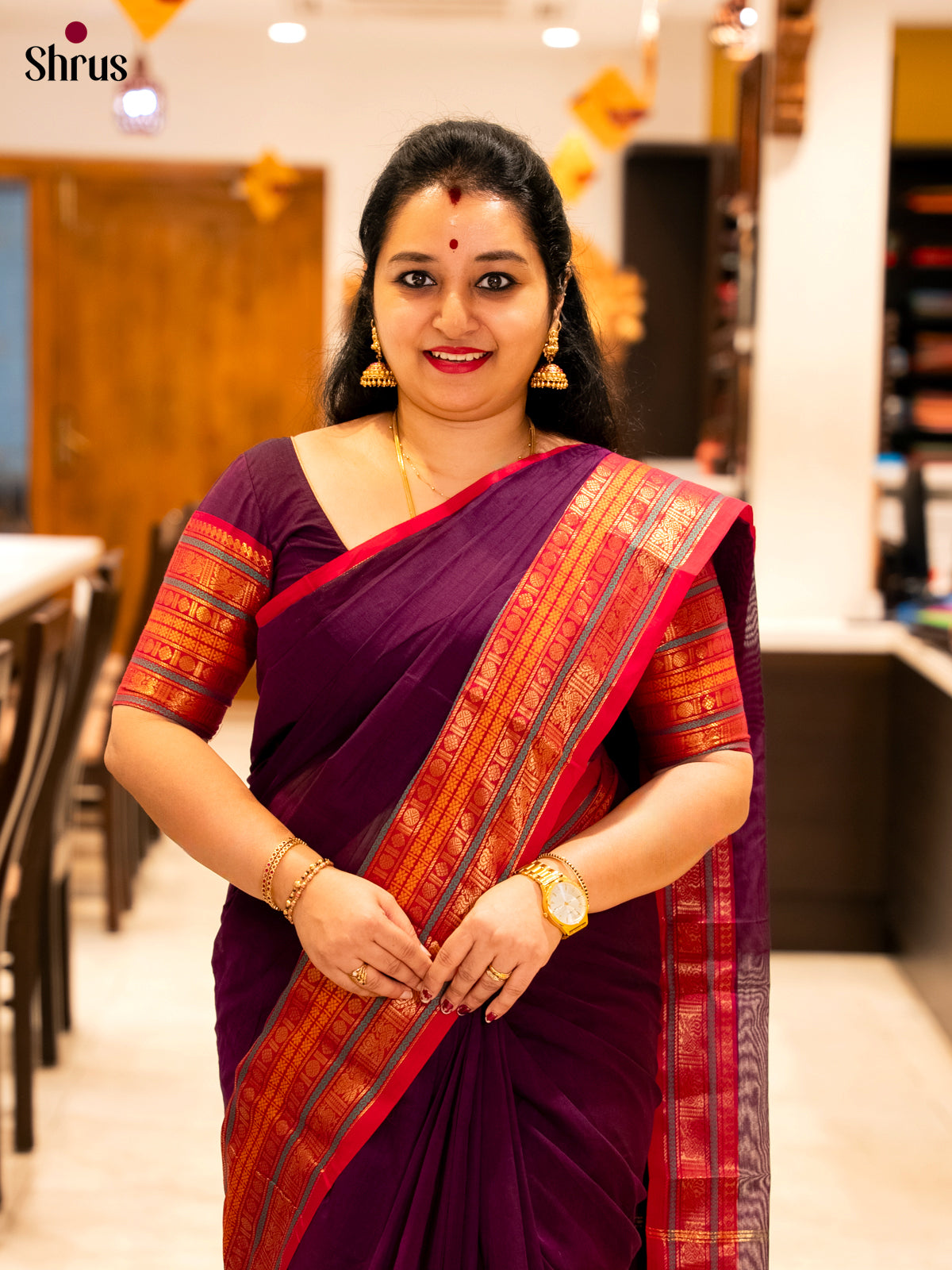 Exquisite Dark Purple Chettinad Sarees With Red Zari Border & Striped Pallu
