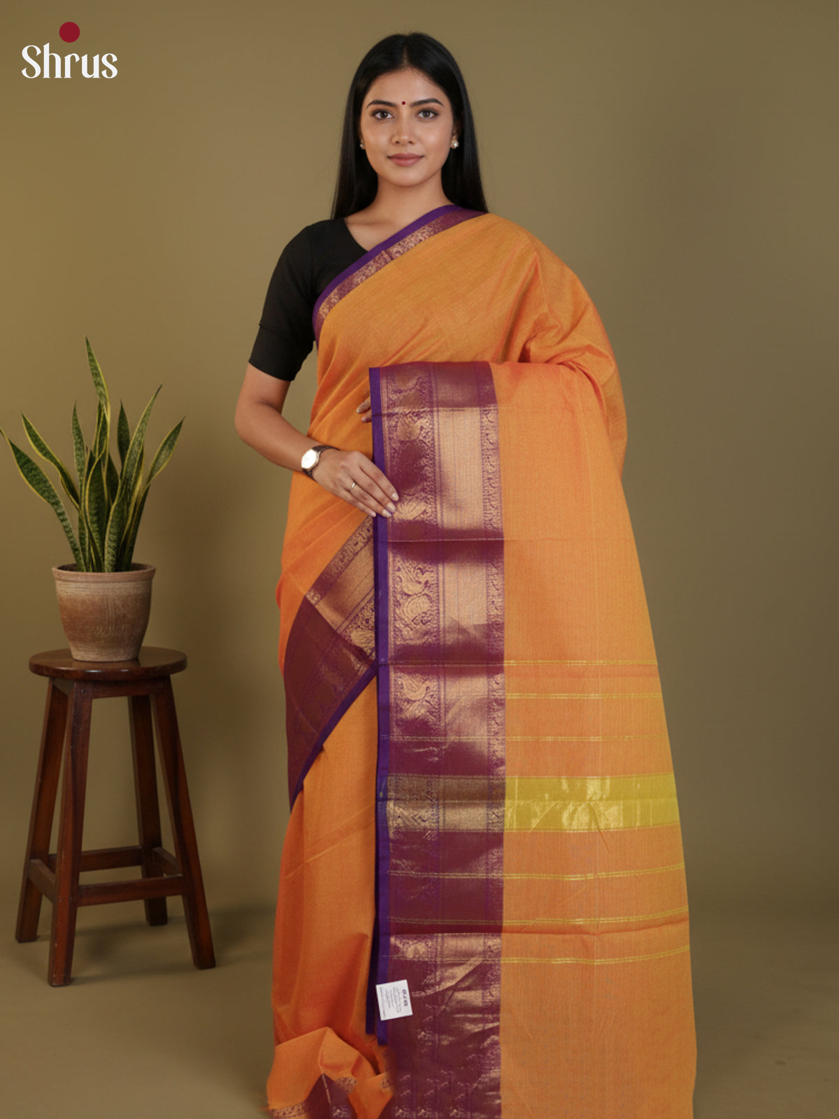 Dashing Orange Chettinad Cotton Saree With Plain Body & Purple Zari Border