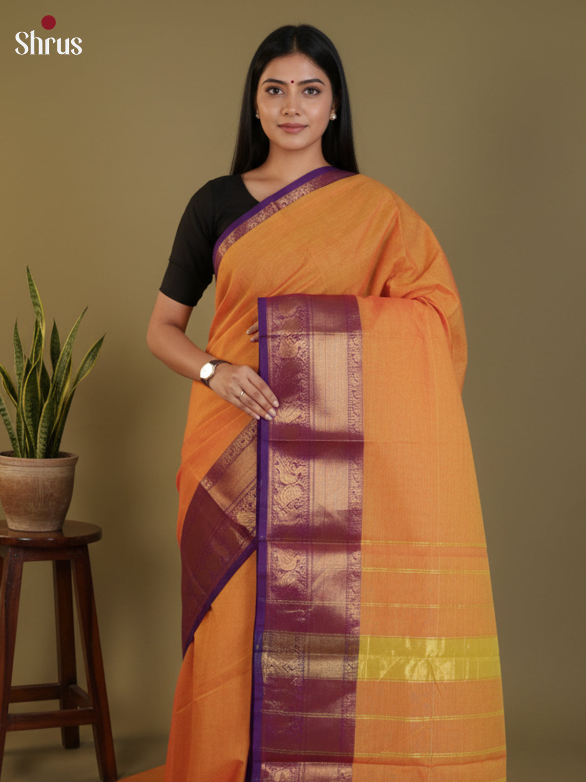 Dashing Orange Chettinad Cotton Sarees With Plain Body & Purple Zari Border