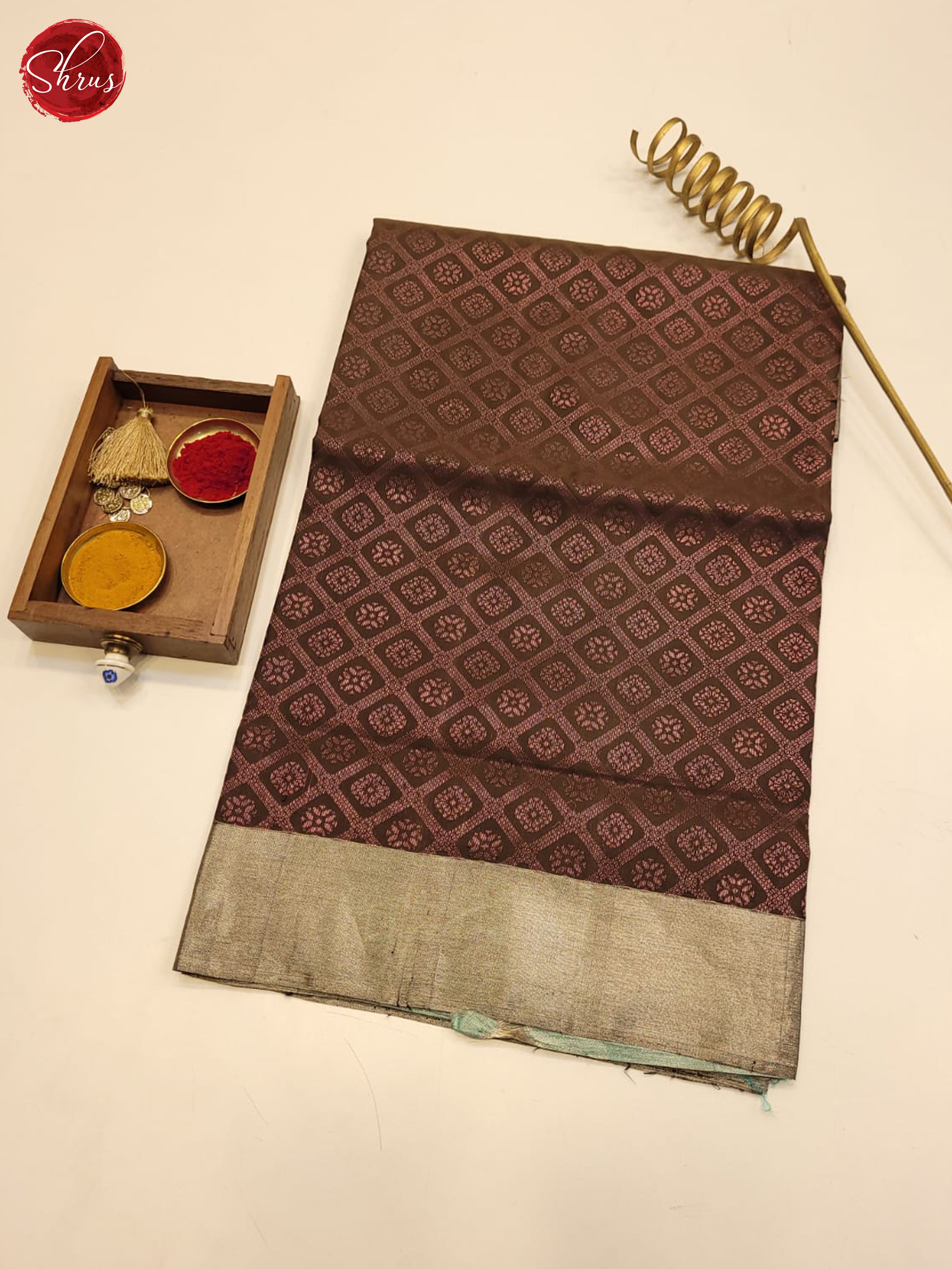 Sheeny Deep Brown Soft Silk Saree With Zari Woven Diamond Grids, Kaddi Border & Sea Green Pallu