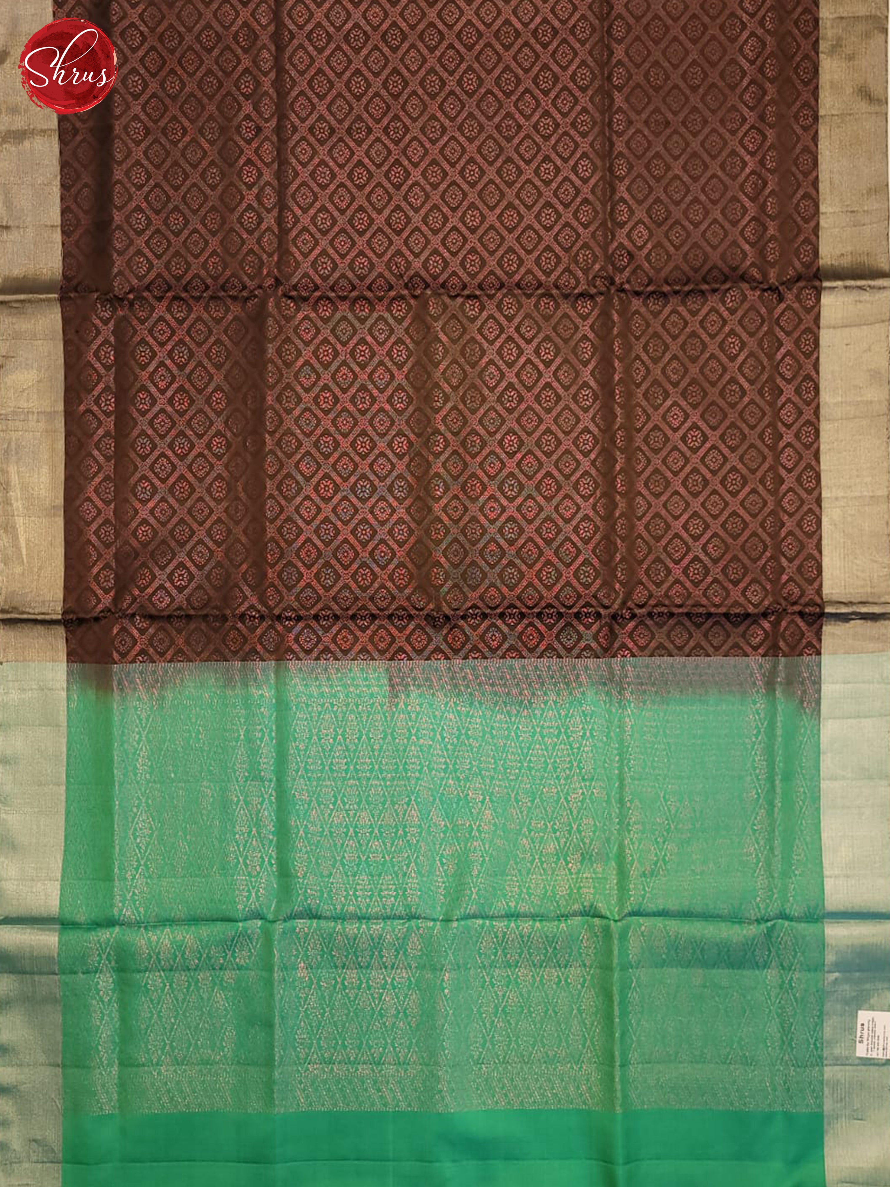 Sheeny Deep Brown Soft Silk Sarees With Zari Woven Diamond Grids, Kaddi Border & Sea Green Pallu