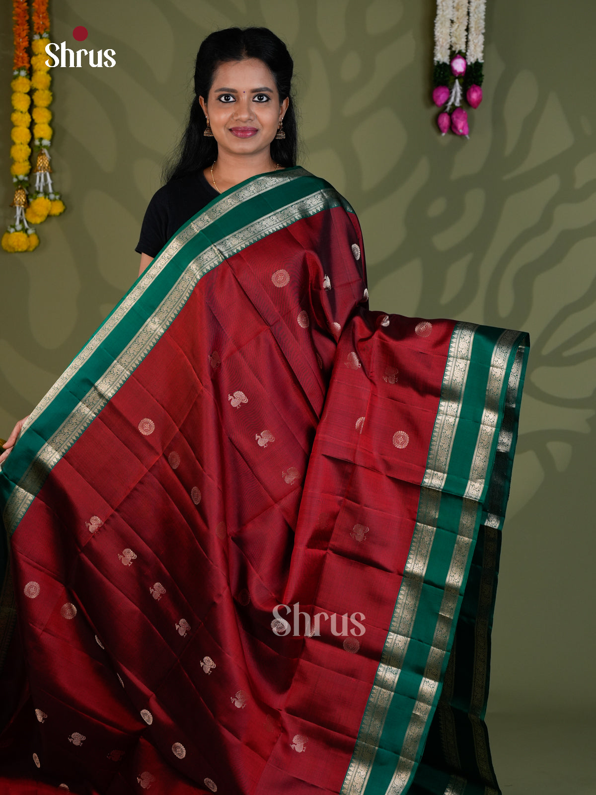 Buy Majestic Deep Maroon Pure Silk Saree With Silver Buttas & Green Rettapet Border