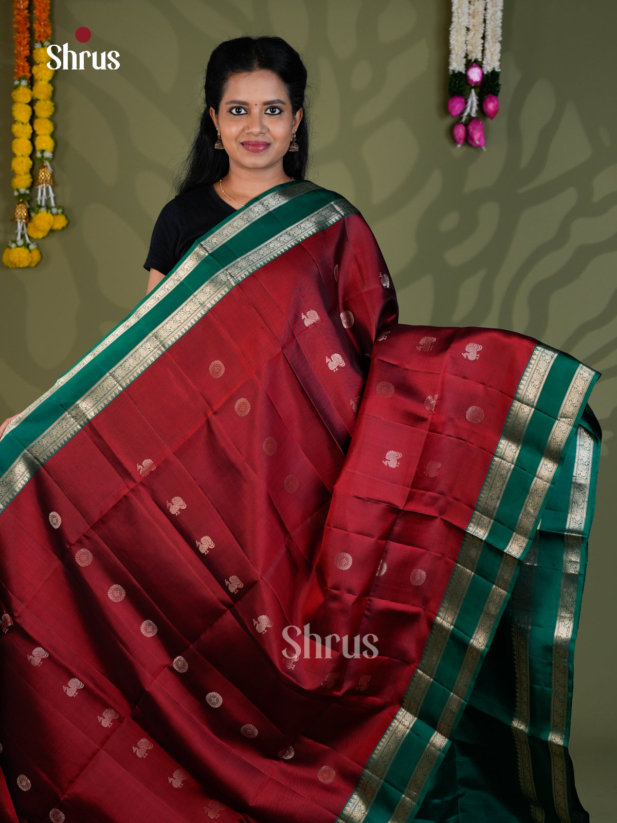 Buy Majestic Deep Maroon Silk Saree With Silver Buttas & Green Rettapet Border