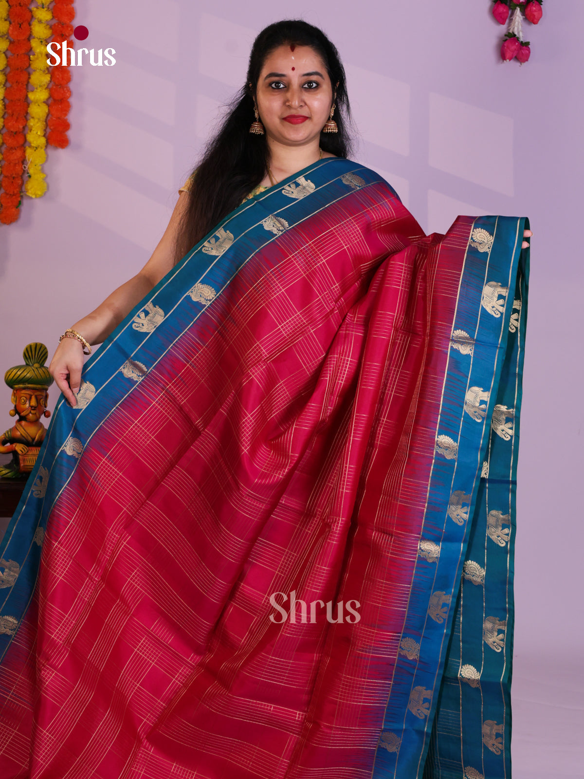 Buy Exquisite Deep Pink Pure Soft Silk Saree with Gold Checks, Teal Blue Border With Zari Motifs