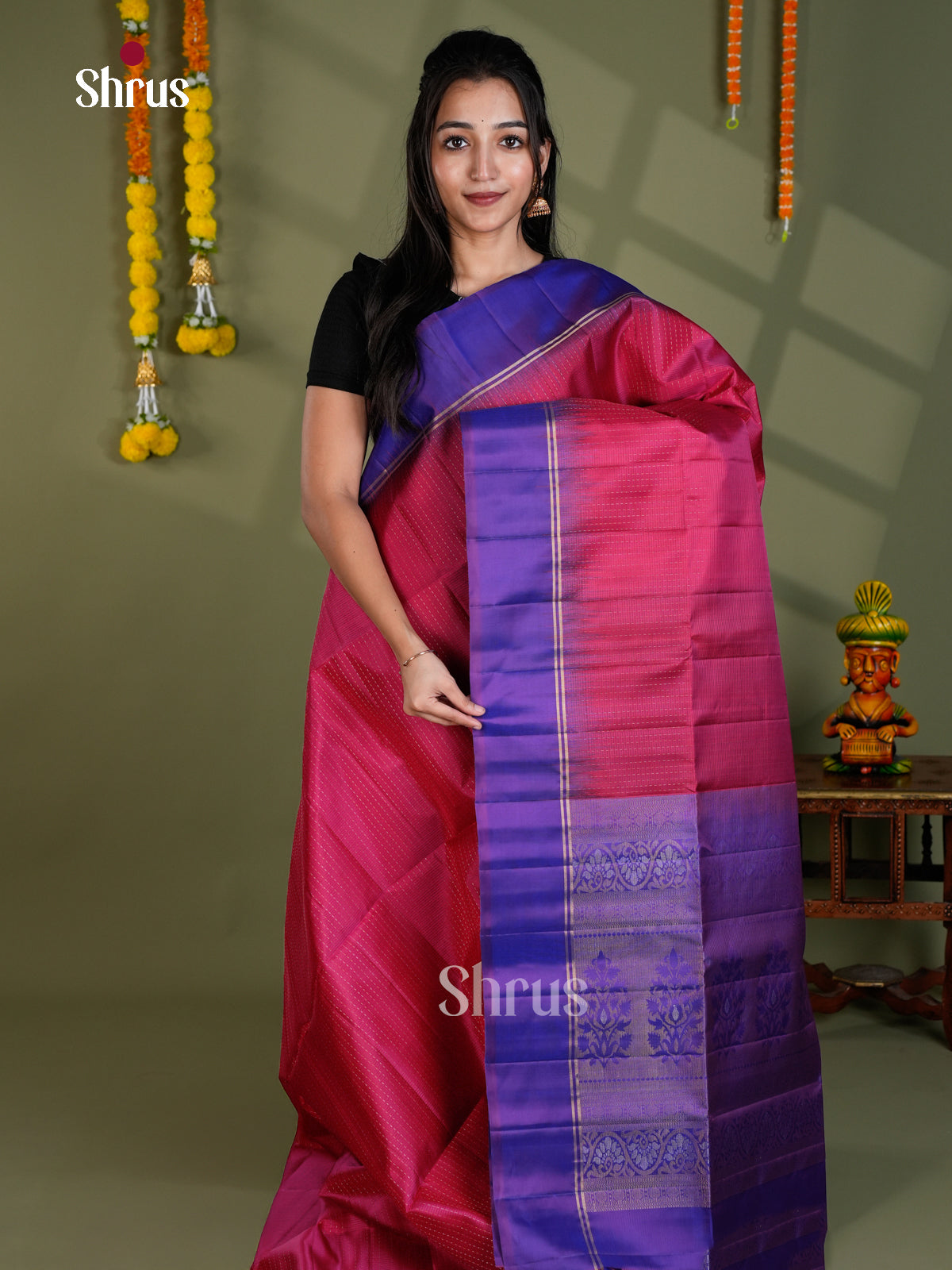 Buy Striking Deep Pink Soft Silk Saree With Dotted Stripes, Violet Plain Border & Brocade Pallu