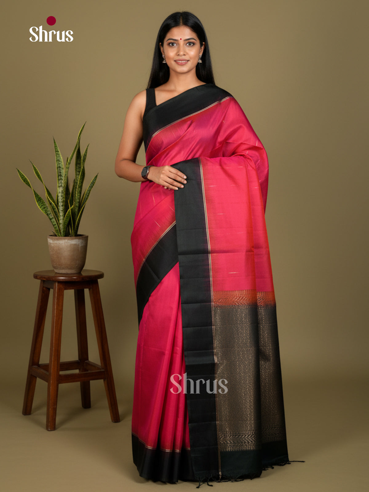 Buy Elegant Deep Pink Soft Silk Saree with Gold Buttas, Black Border & Brocade Pallu