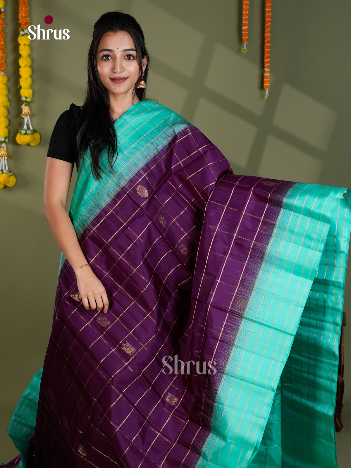 Buy Elegant Deep Purple Pure Silk Saree With Golden Checks, Buttas & Sea Green Brocade Pallu