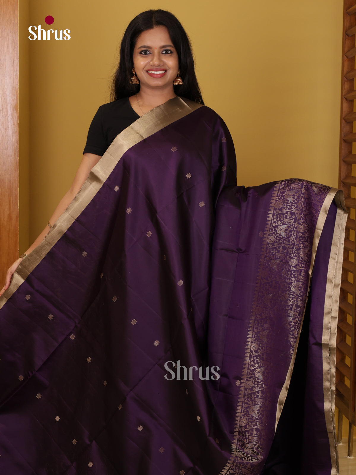 Buy Regal Deep Purple Pure Soft Silk Saree with Zari Buttas, Kaddi Border & Brocade Pallu
