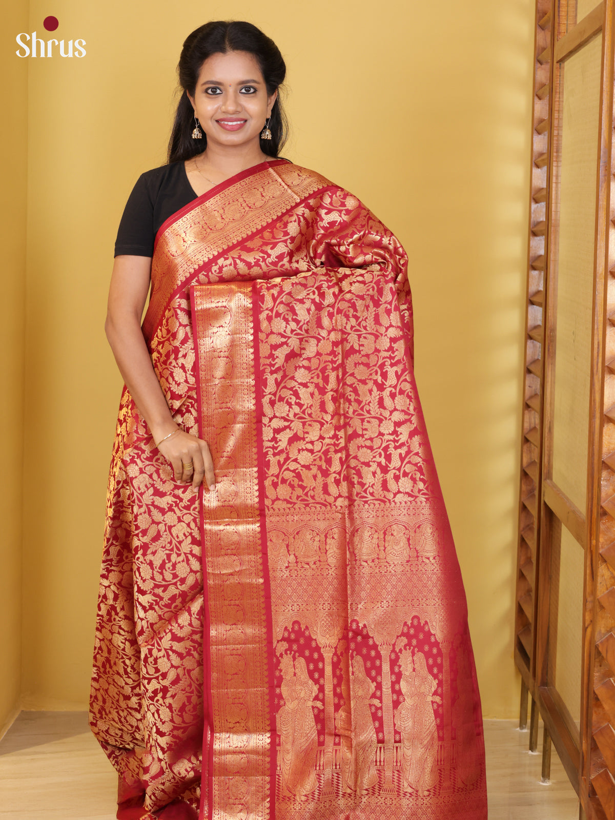Buy Glimmering Deep Red Wedding Soft Silk Saree with Vanashigaram Zari Brocade