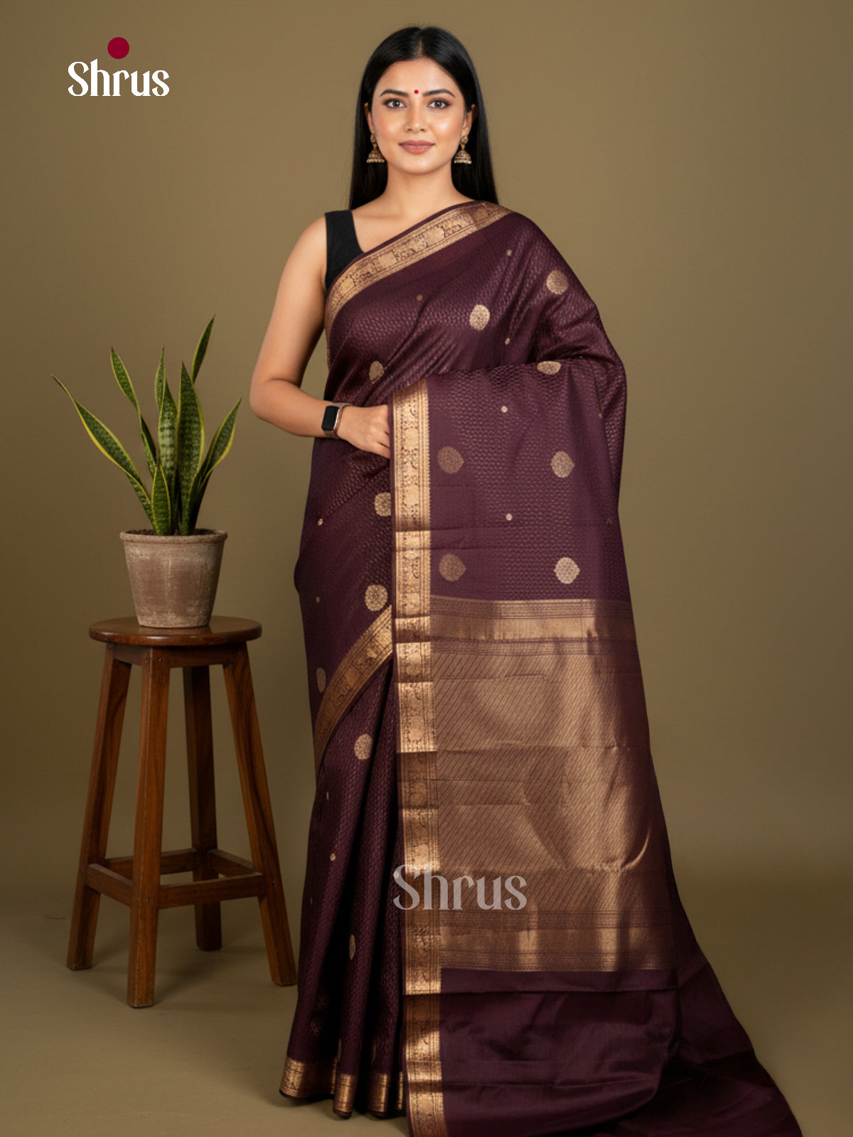 Buy Stunning Deep Wine Kanchipuram Silk Saree with Gold Buttas, Zari Border & Brocade Pallu