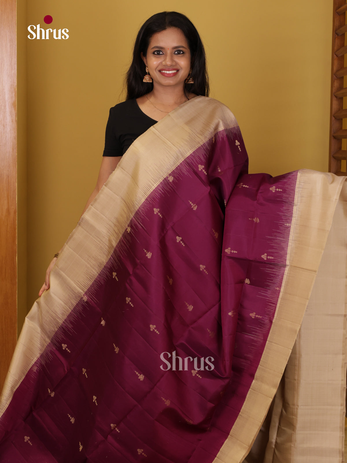 Buy Regal Deep Wine Pure Soft Silk Saree With Golden Floral Buttas, Cream Border & Brocade Pallu