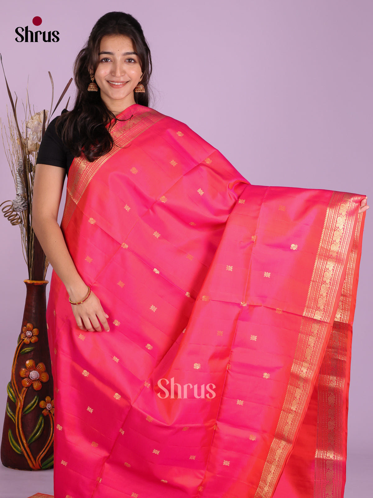 Buy Vivid Double Shaded Pink Pure Soft Silk Saree with Peacock, Floral Buttas & Brocade Pallu