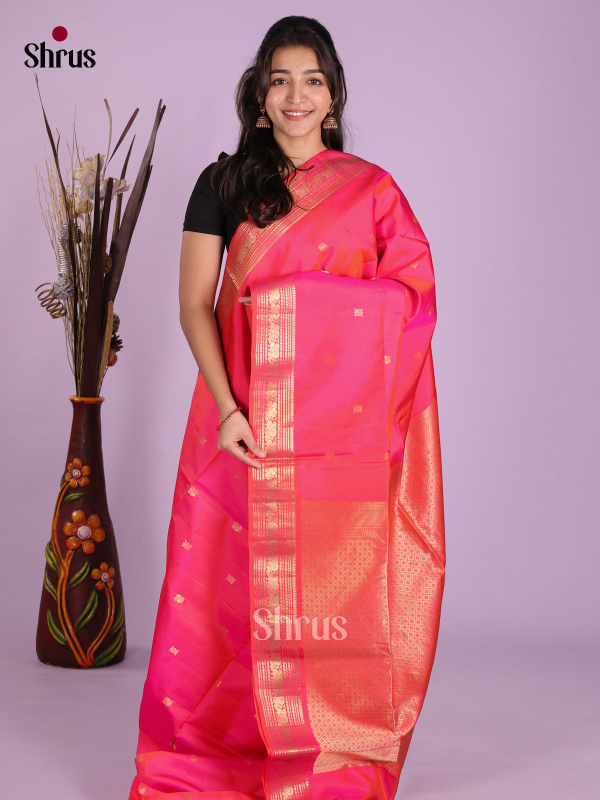 Buy Vivid Double Shaded Pink Soft Silk Saree with Peacock, Floral Buttas & Brocade Pallu