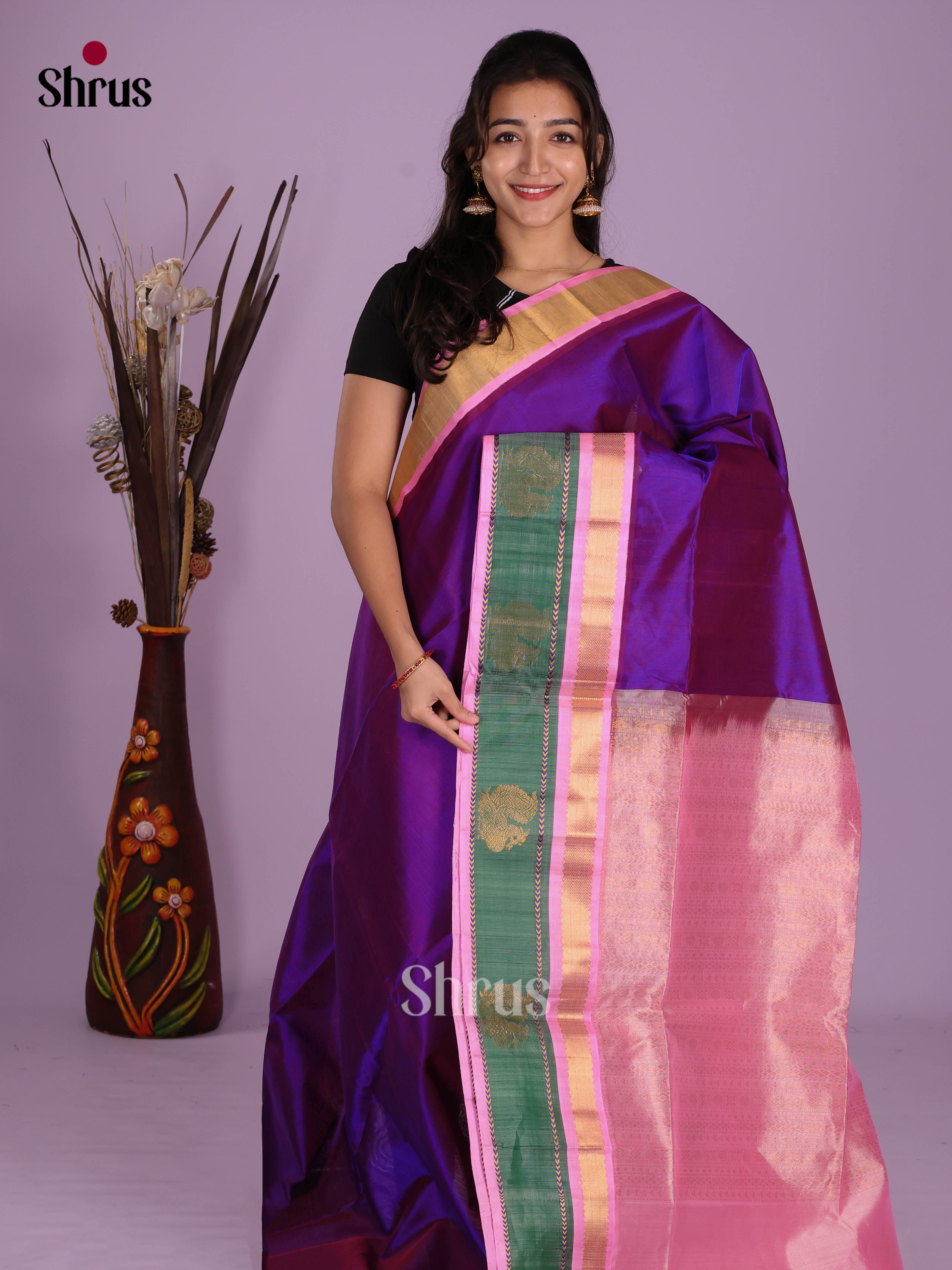 Chic Double Shaded Purple Silk Cotton Saree with Green & Baby Pink Border & Brocade Pallu