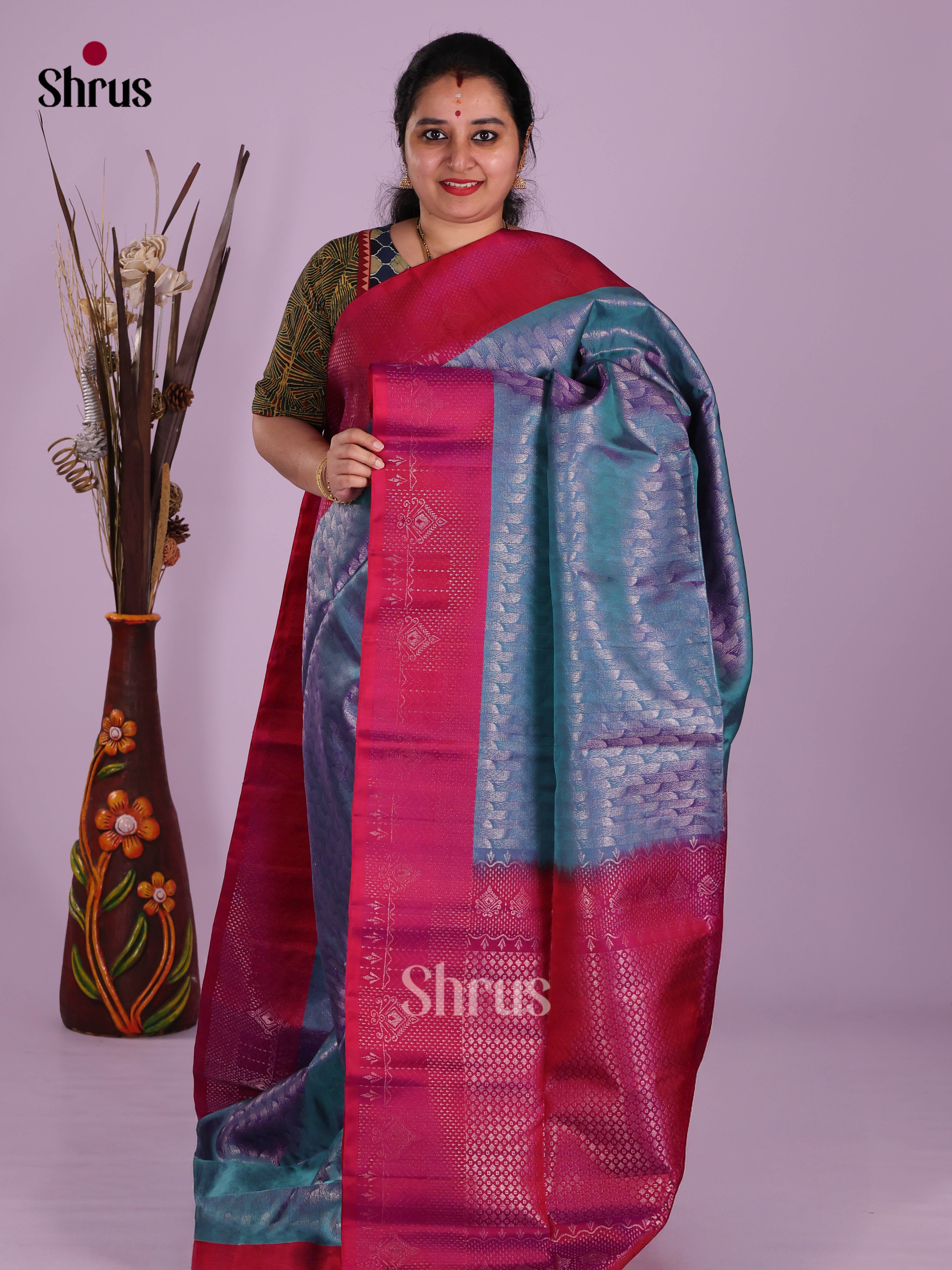 Buy Majestic Dual Tone Blue Soft Silk Saree with Silver Zari Brocade Body & Rich Pink Pallu