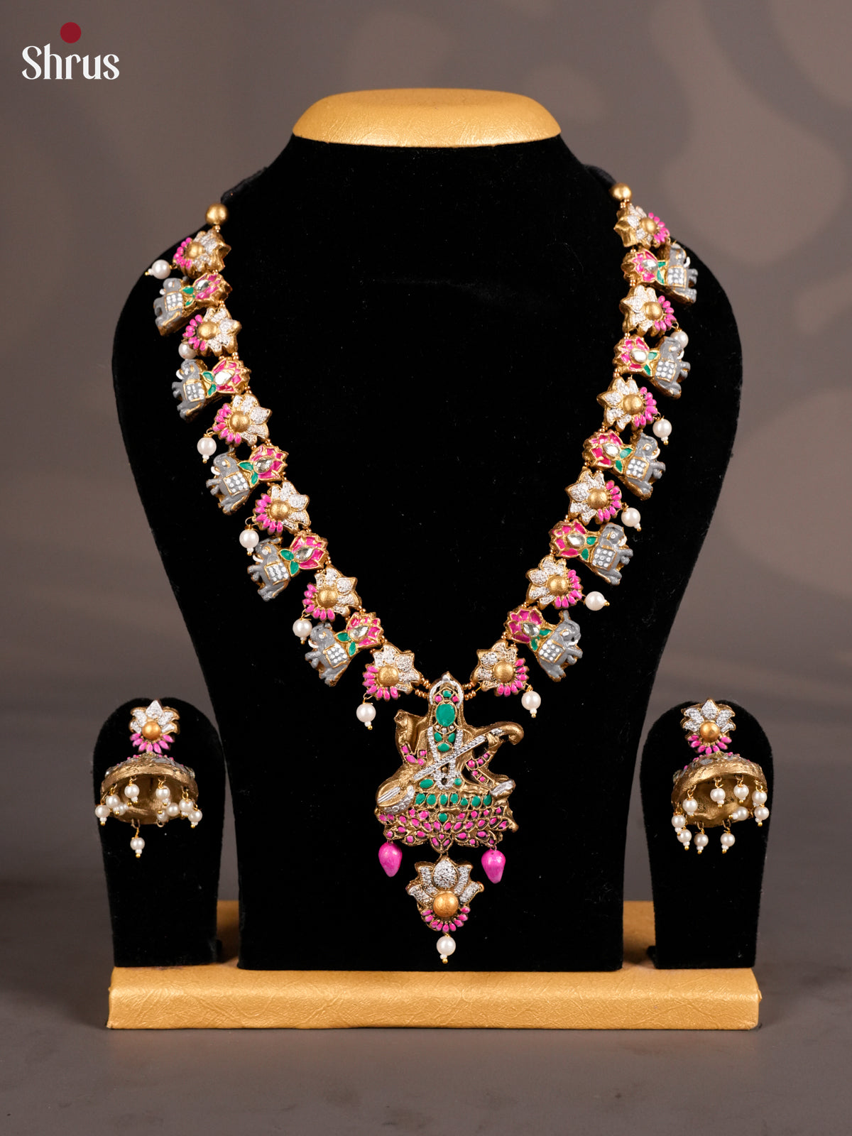 Beautiful Saraswathi pendant with elephant buttas Terracotta set - EAJ16009 - Terracotta Set - Shop on Shrus.com