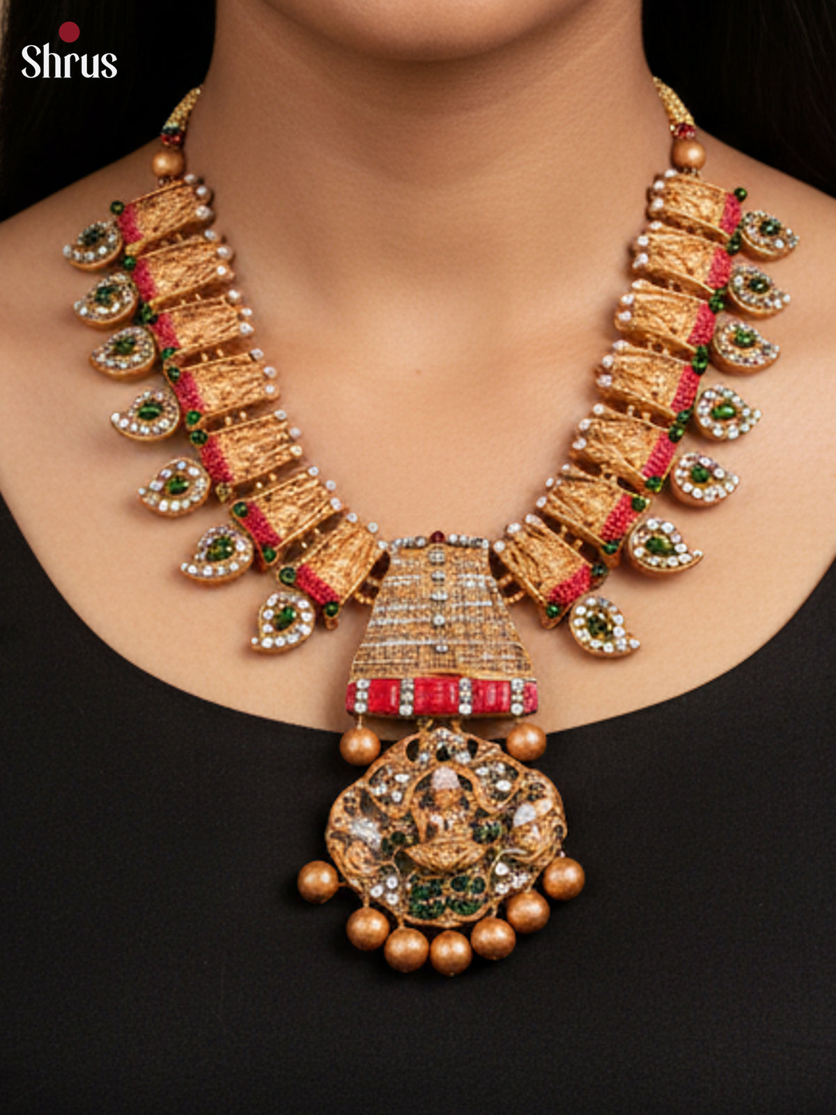 Handcrafted Lakshmi design with gopuram pendant terracotta Jewellery Set -EAJ16017 - Shop on Shrus.com