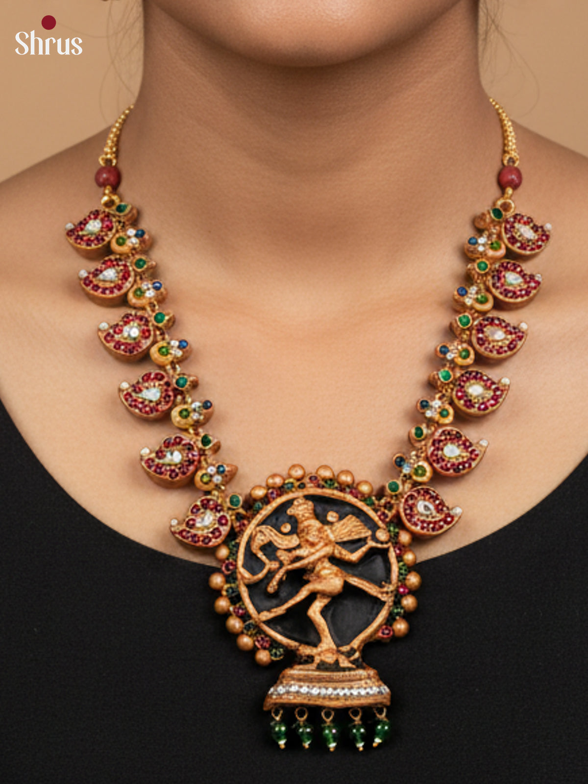 Rustic Manga motifs temple Terracotta Jewellery set with Natarajar pendant -EAJ16020 - Shop on Shrus.com