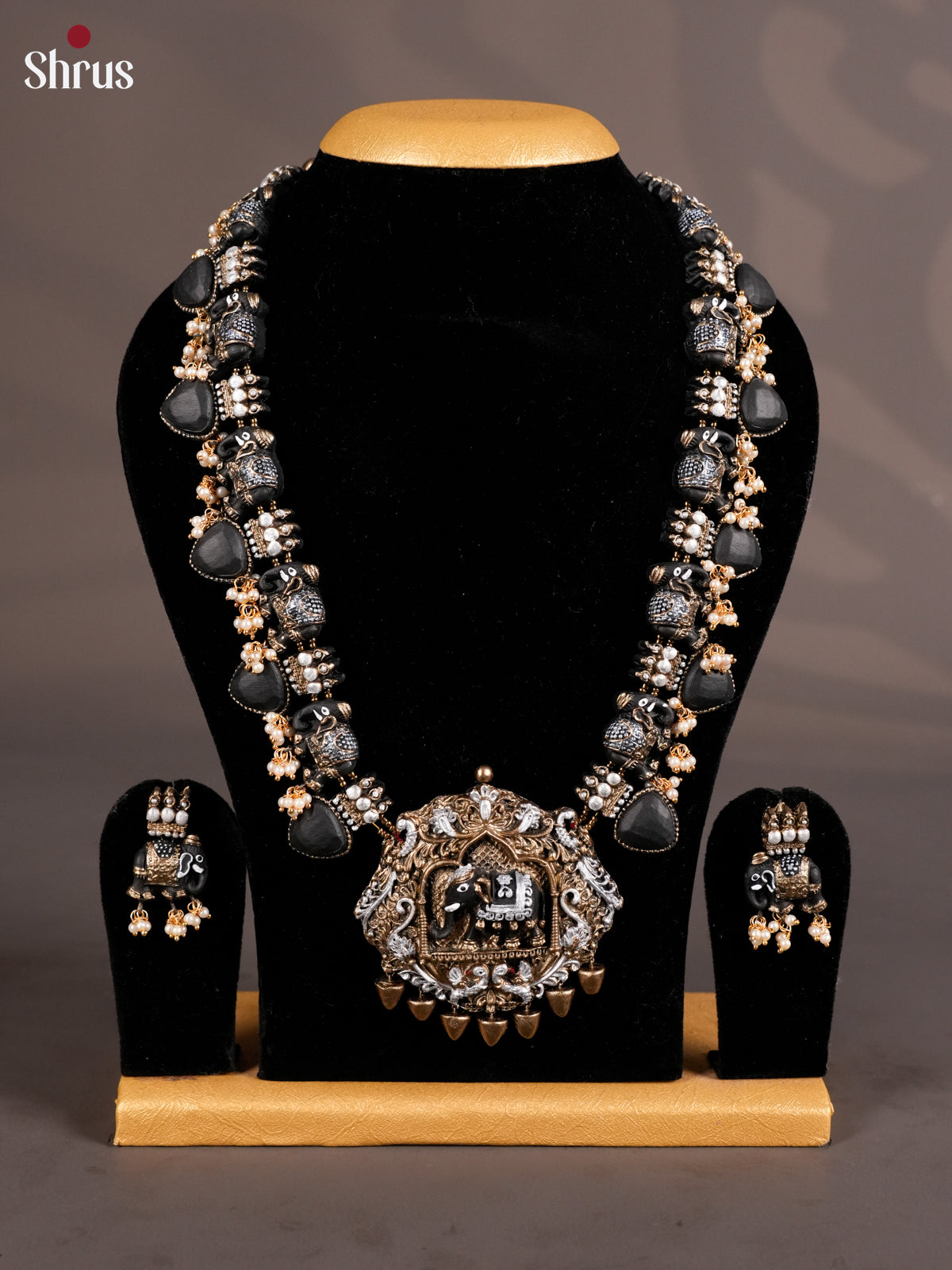 Antique Black Elephant design haram Terracotta jewellery set with earring - EAJ16022 - Shop on Shrus.com
