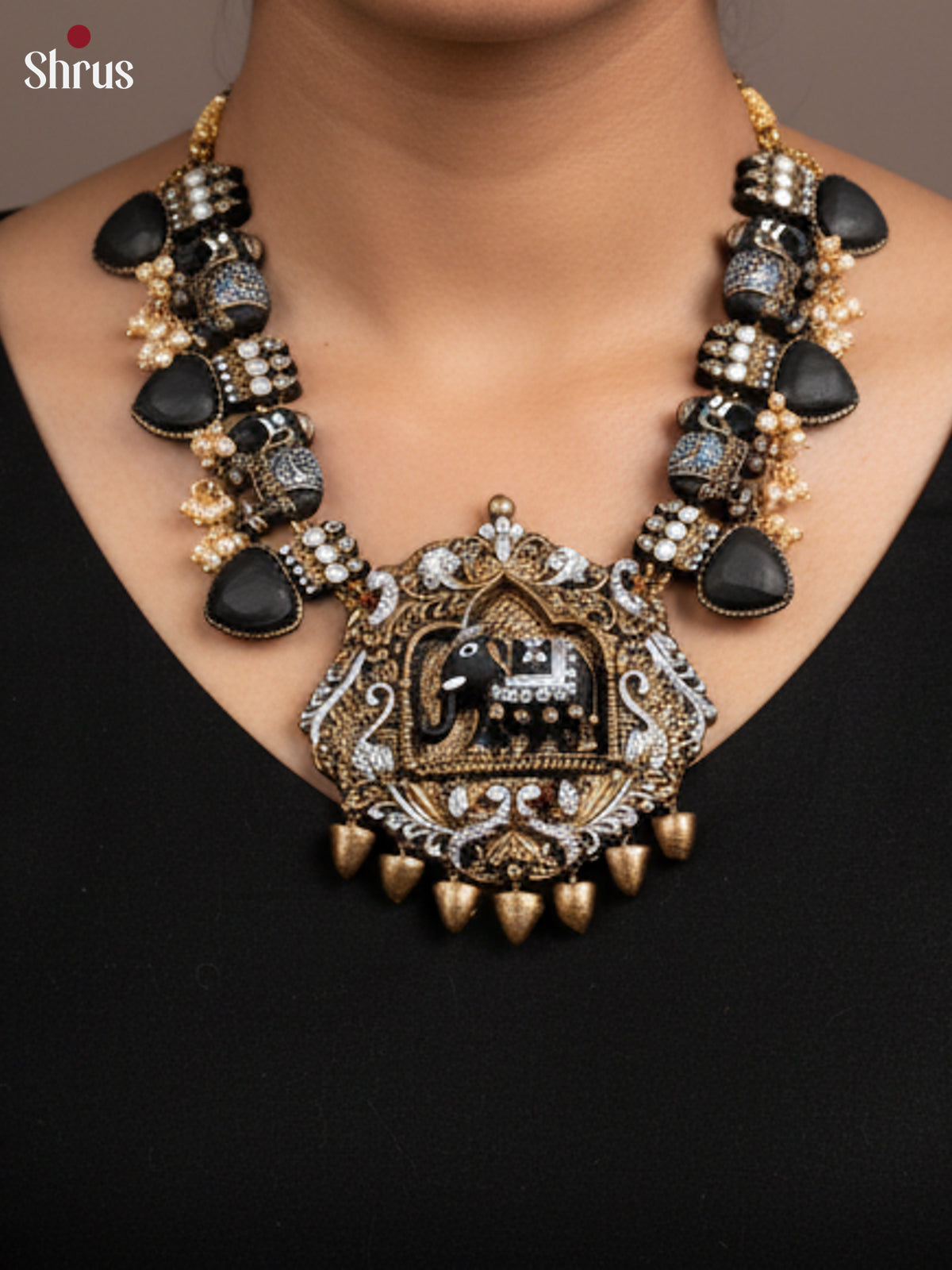 Antique Black Elephant design haram Terracotta jewellery set with earring - EAJ16022 - Shop on Shrus.com